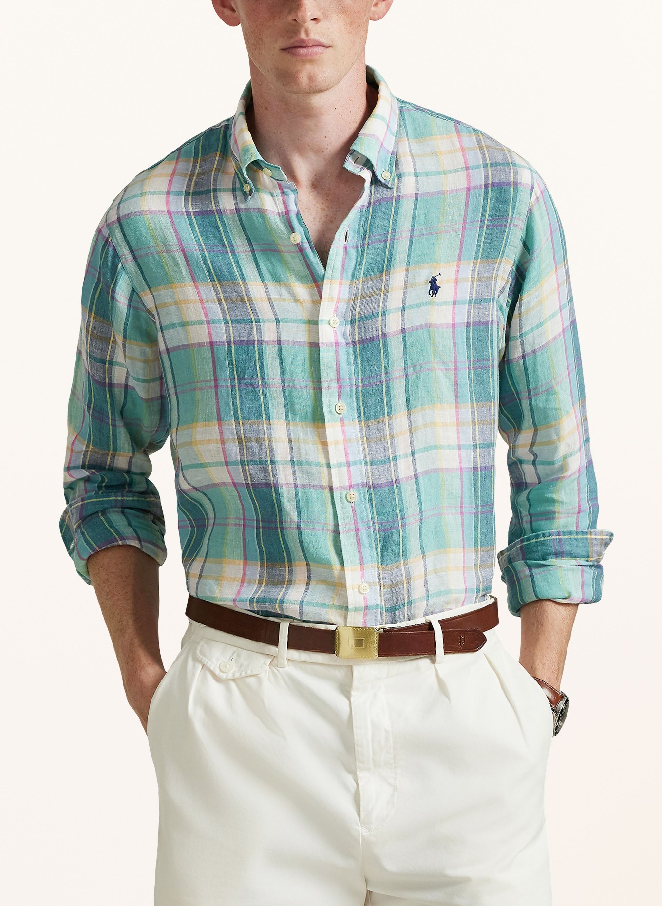 POLO RALPH LAUREN Chemise en lin Custom Fit: VERT CLAIR / ROSÉ / VERT