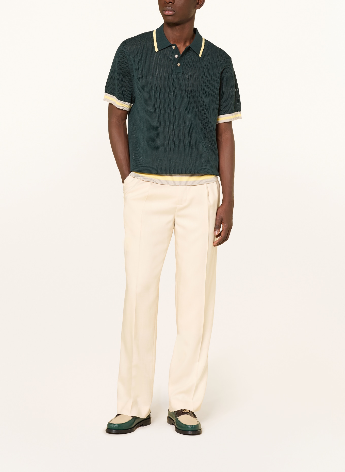 LES DEUX Knit polo shirt: DARK GREEN / GRAY / LIGHT YELLOW