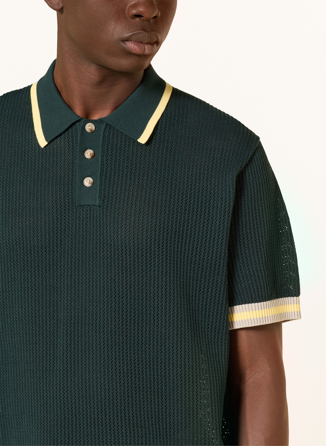 LES DEUX Knit polo shirt: DARK GREEN / GRAY / LIGHT YELLOW