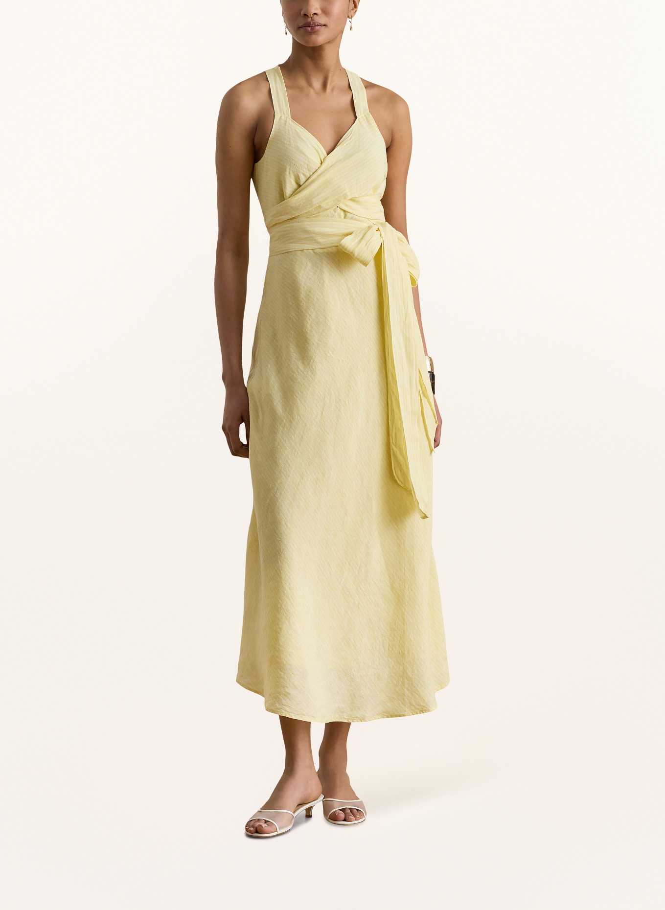 LAUREN RALPH LAUREN Leinenkleid in Wickeloptik: GELB / WEISS