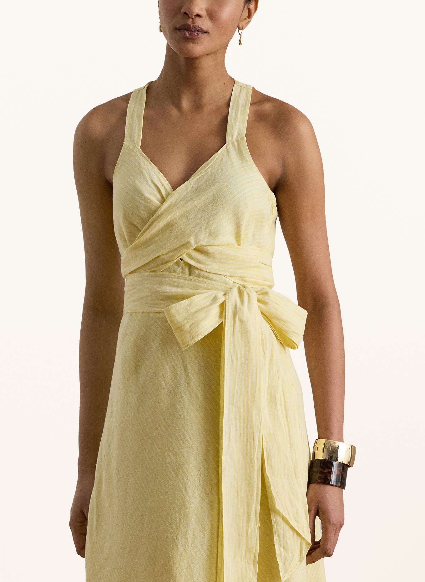 LAUREN RALPH LAUREN Leinenkleid in Wickeloptik: GELB / WEISS