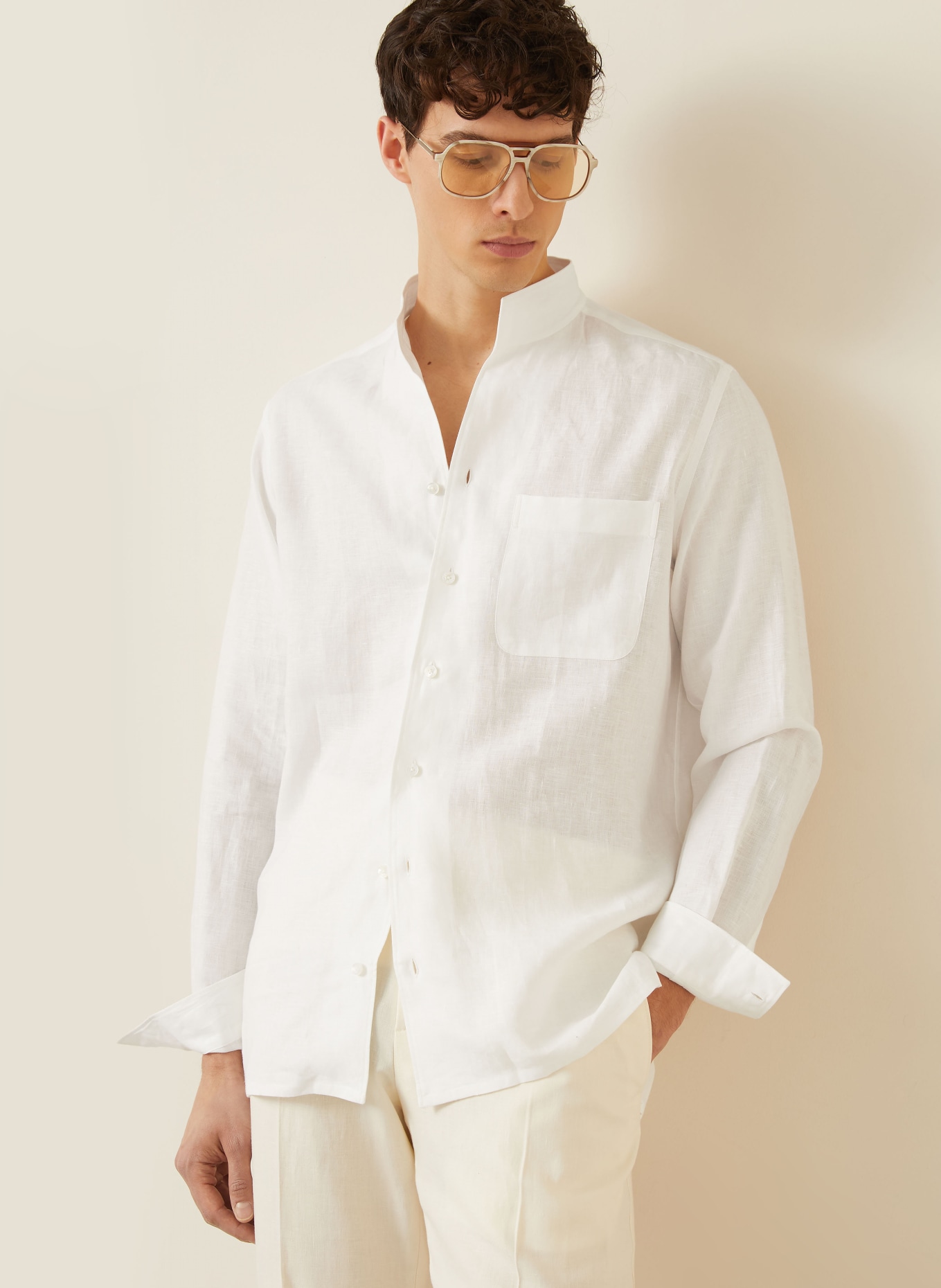 ZEGNA Comfort Fit linen shirt with stand-up collar: WHITE