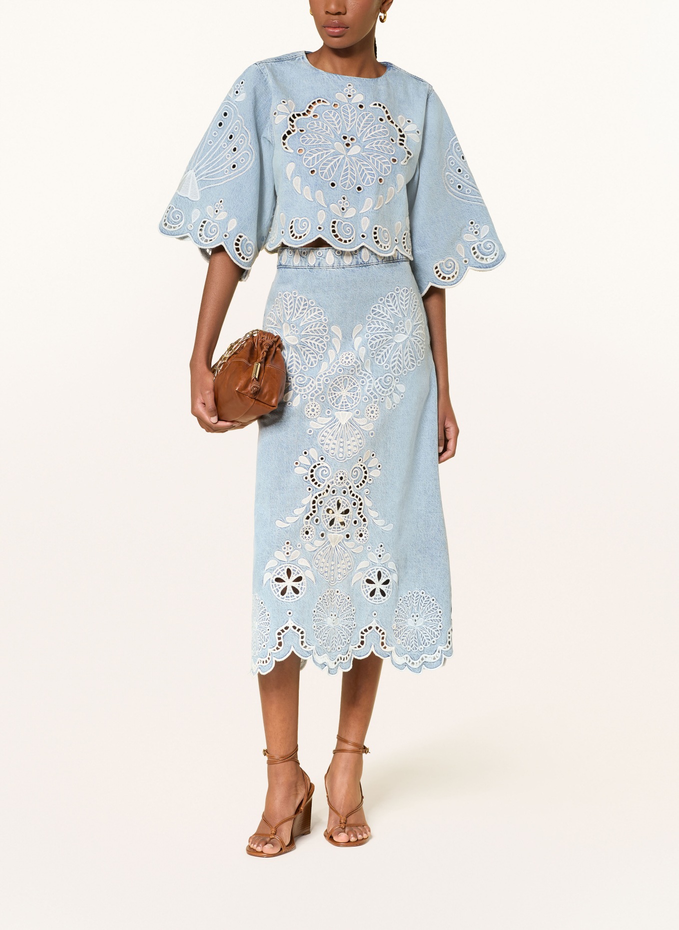 FARM RIO Spódnica dżinsowa z koronką z dziurkami: JASNONIEBIESKI / BIAŁY