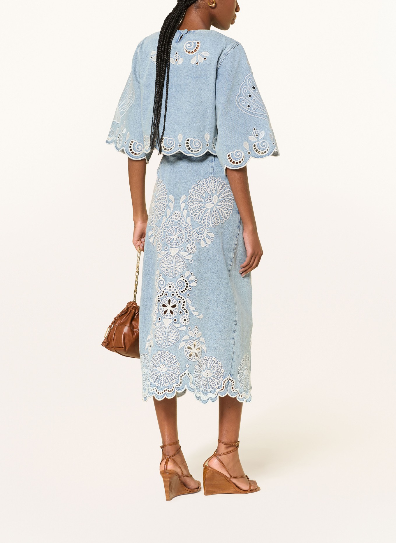 FARM RIO Spódnica dżinsowa z koronką z dziurkami: JASNONIEBIESKI / BIAŁY