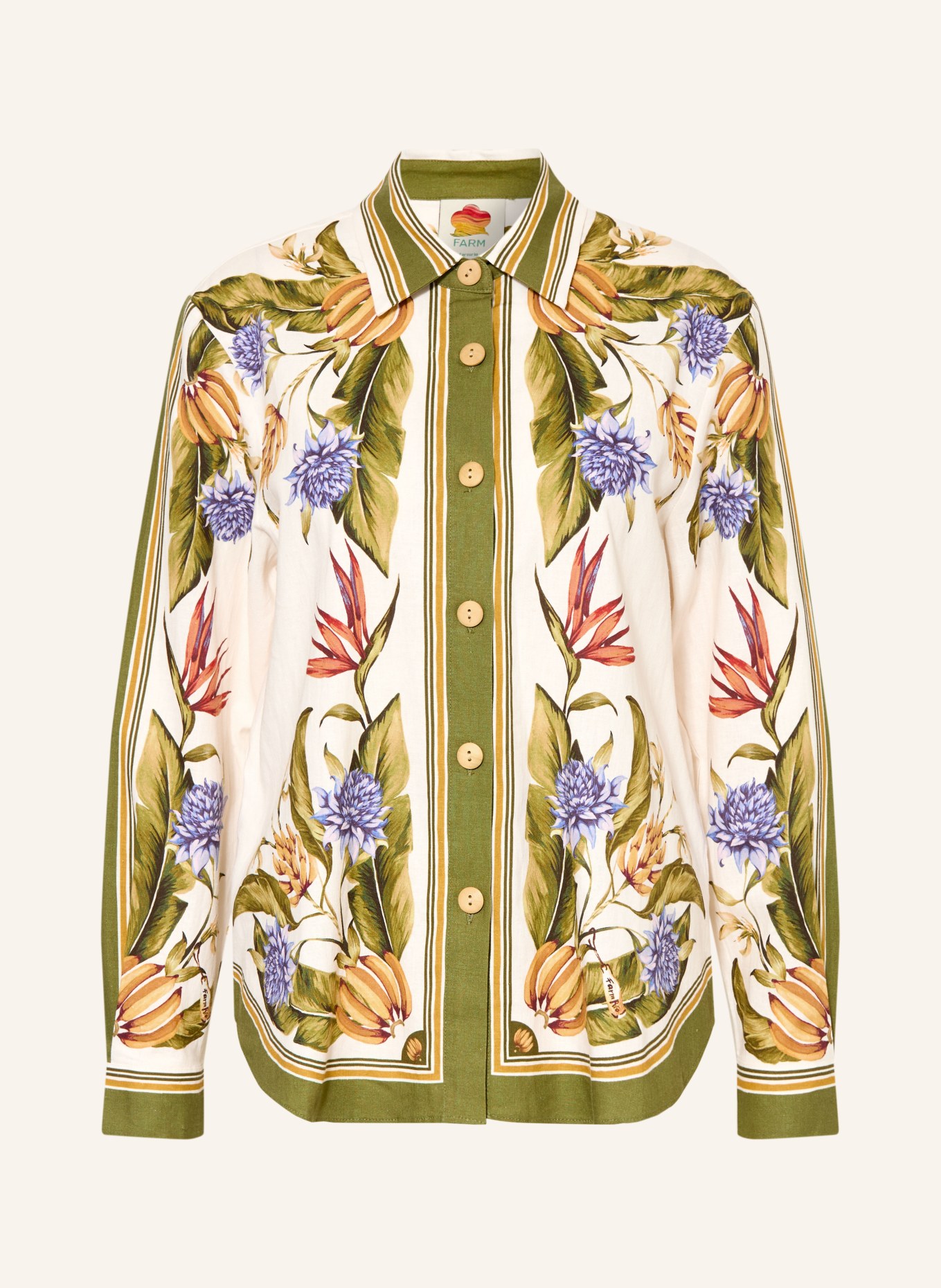 FARM RIO TROPICAL SCARF SAND shirt-blouse with linen: GREEN / ECRU / PURPLE