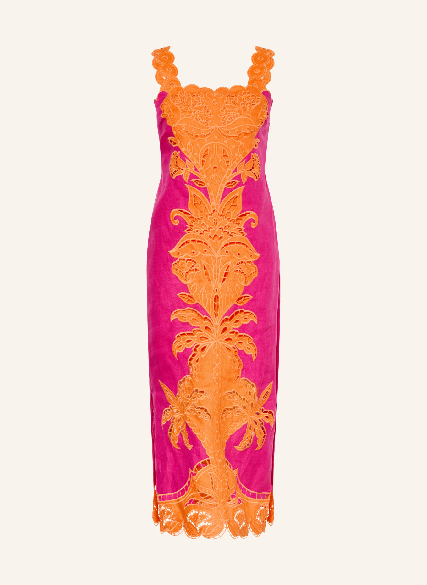 FARM RIO Linen dress with eyelet lace: PINK / ORANGE