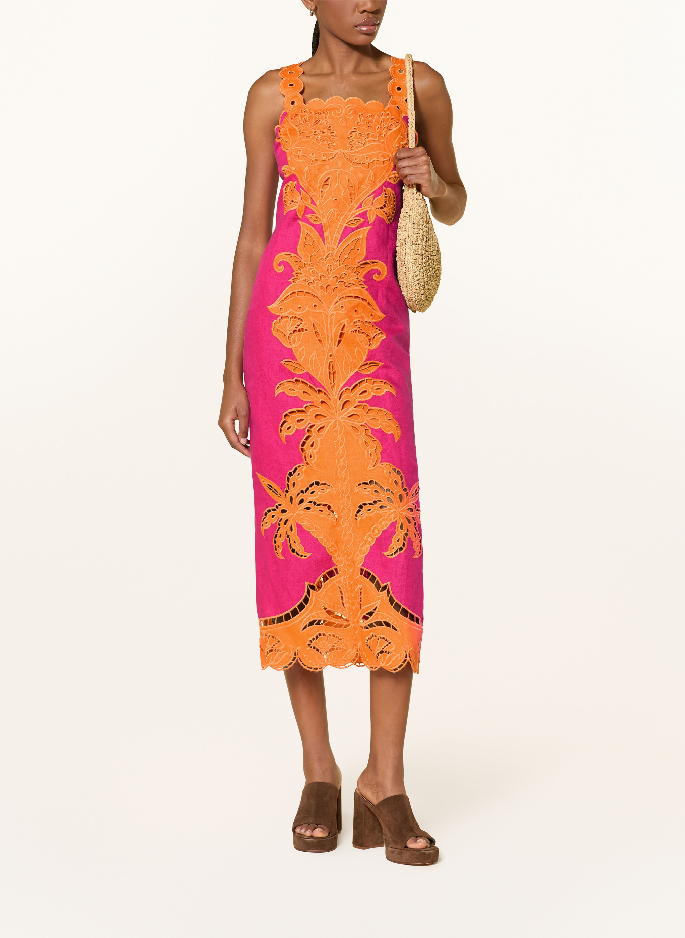 FARM RIO Linen dress with eyelet lace: PINK / ORANGE