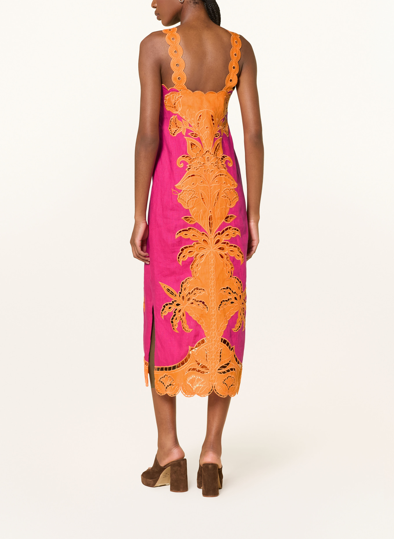 FARM RIO Linen dress with eyelet lace: PINK / ORANGE