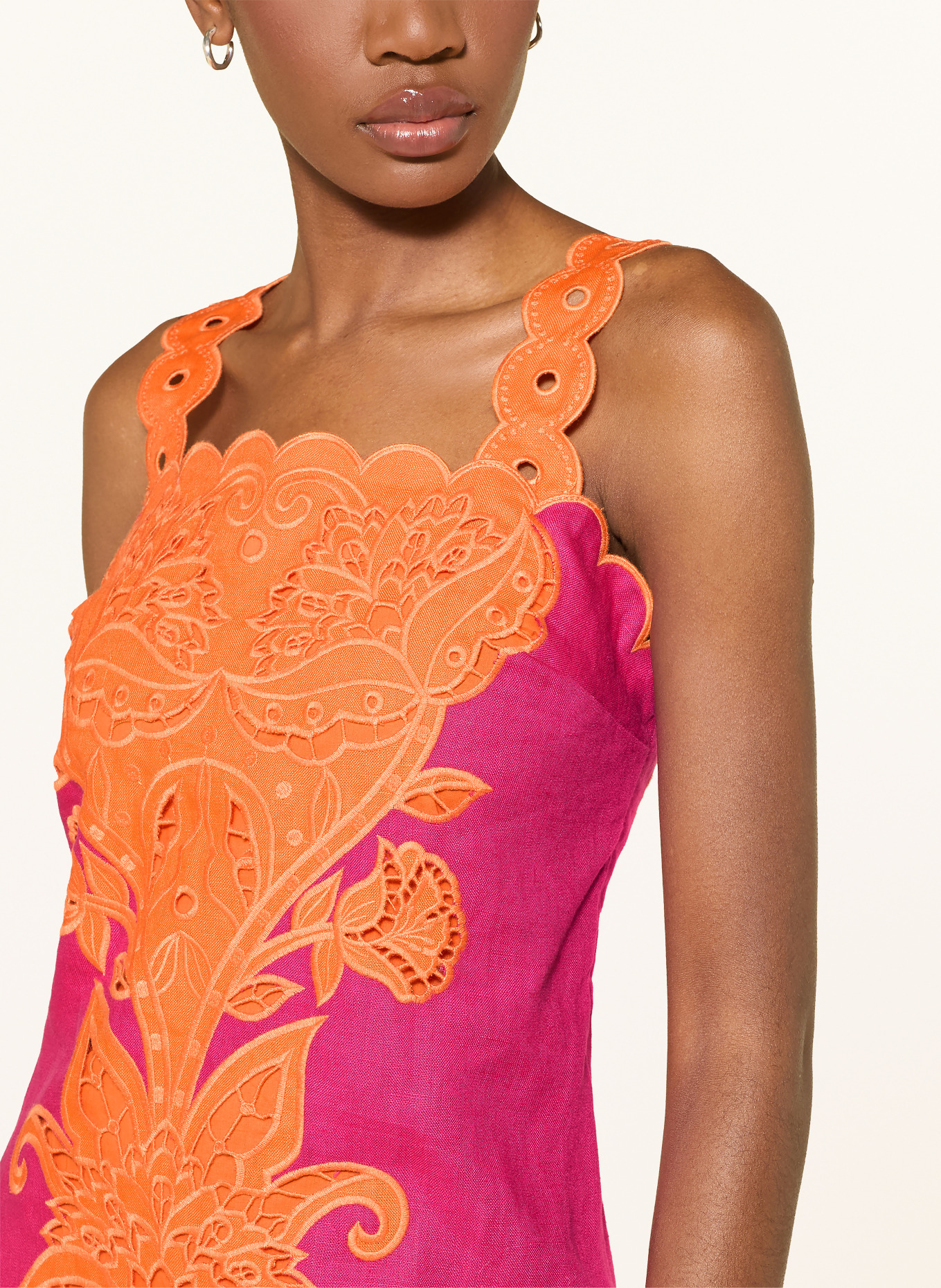 FARM RIO Linen dress with eyelet lace: PINK / ORANGE