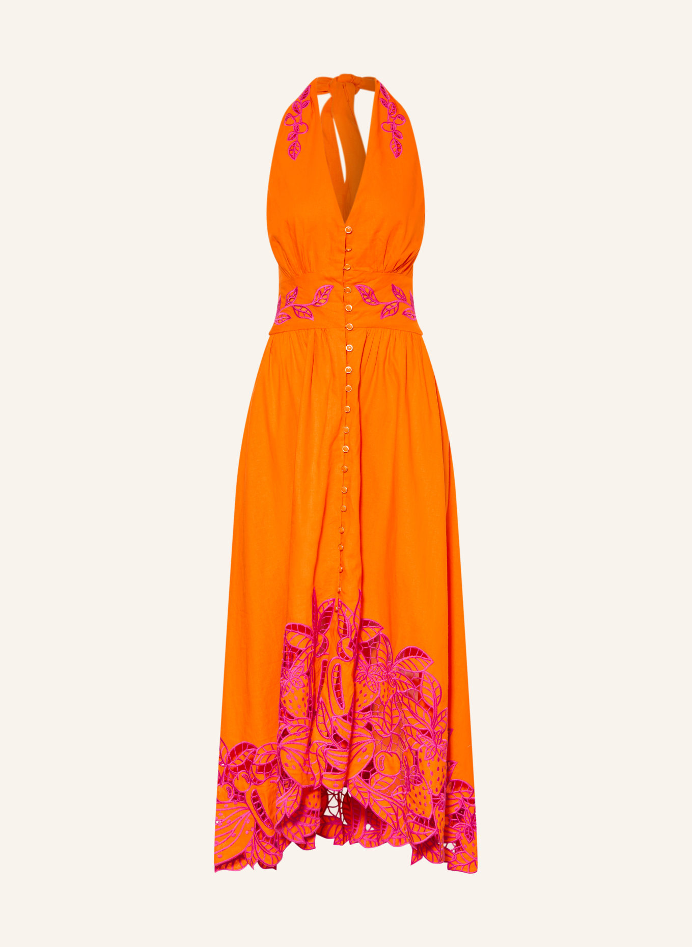 FARM RIO Kleid FRUIT RICHILIUER ARTISANAL mit Leinen und Lochspitze: ORANGE / LILA