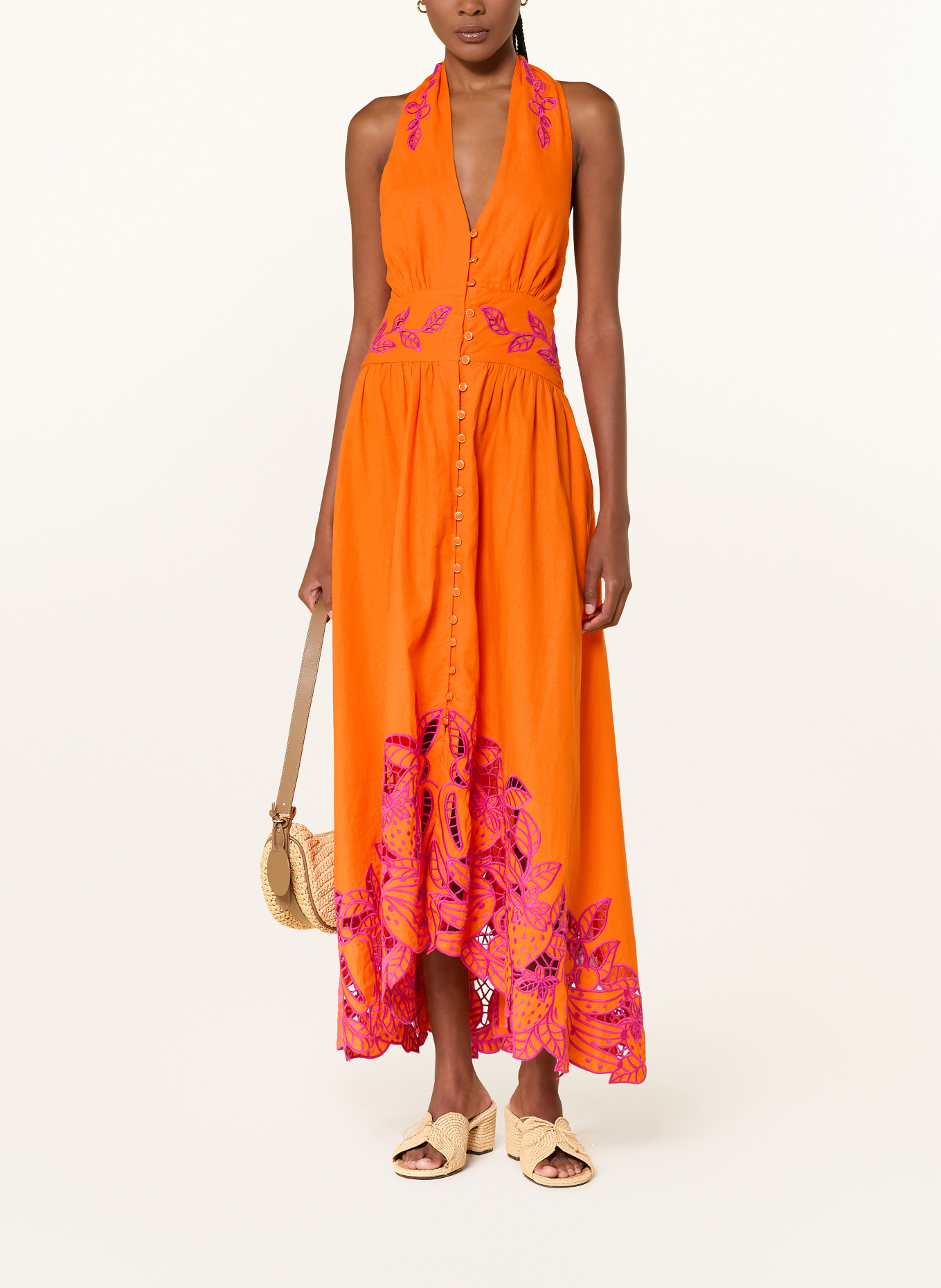 FARM RIO Kleid FRUIT RICHILIUER ARTISANAL mit Leinen und Lochspitze: ORANGE / LILA