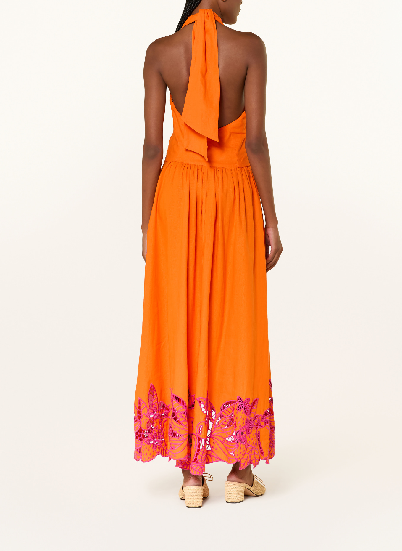 FARM RIO Kleid FRUIT RICHILIUER ARTISANAL mit Leinen und Lochspitze: ORANGE / LILA