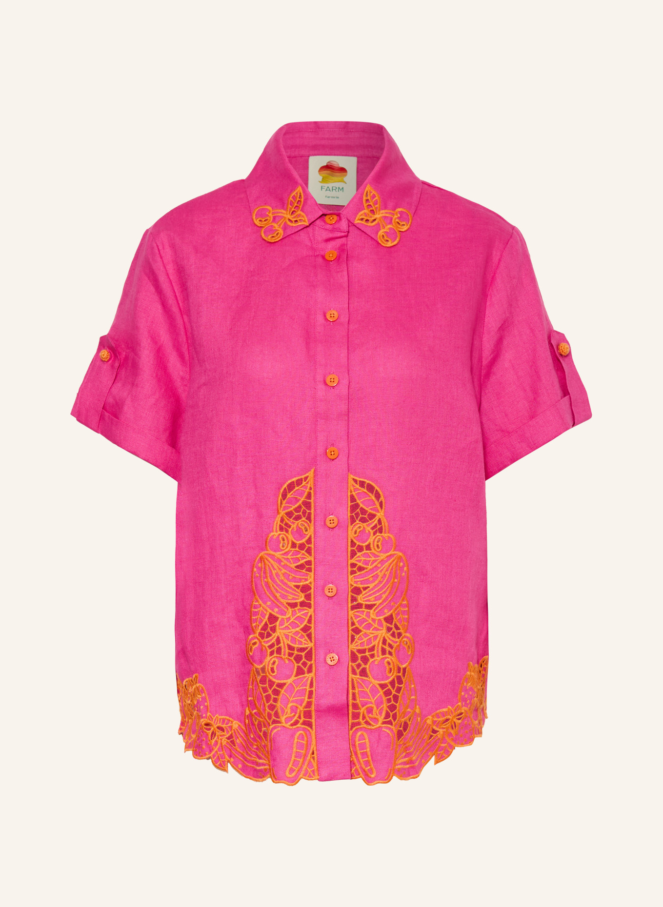 FARM RIO Linnen blouse met opengewerkt kant: ROZE / ORANJE