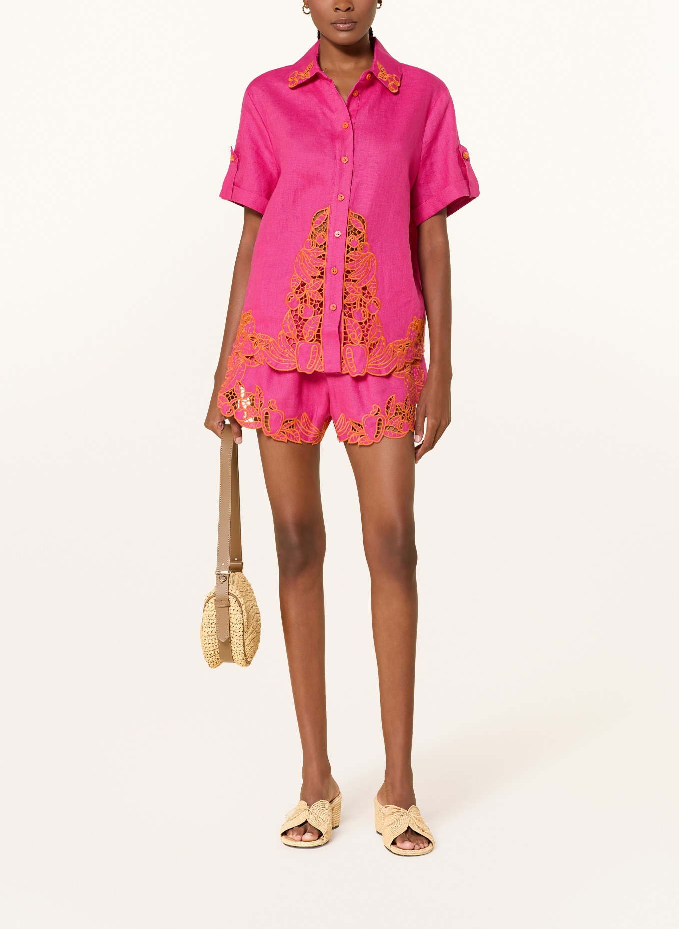 FARM RIO Linnen blouse met opengewerkt kant: ROZE / ORANJE