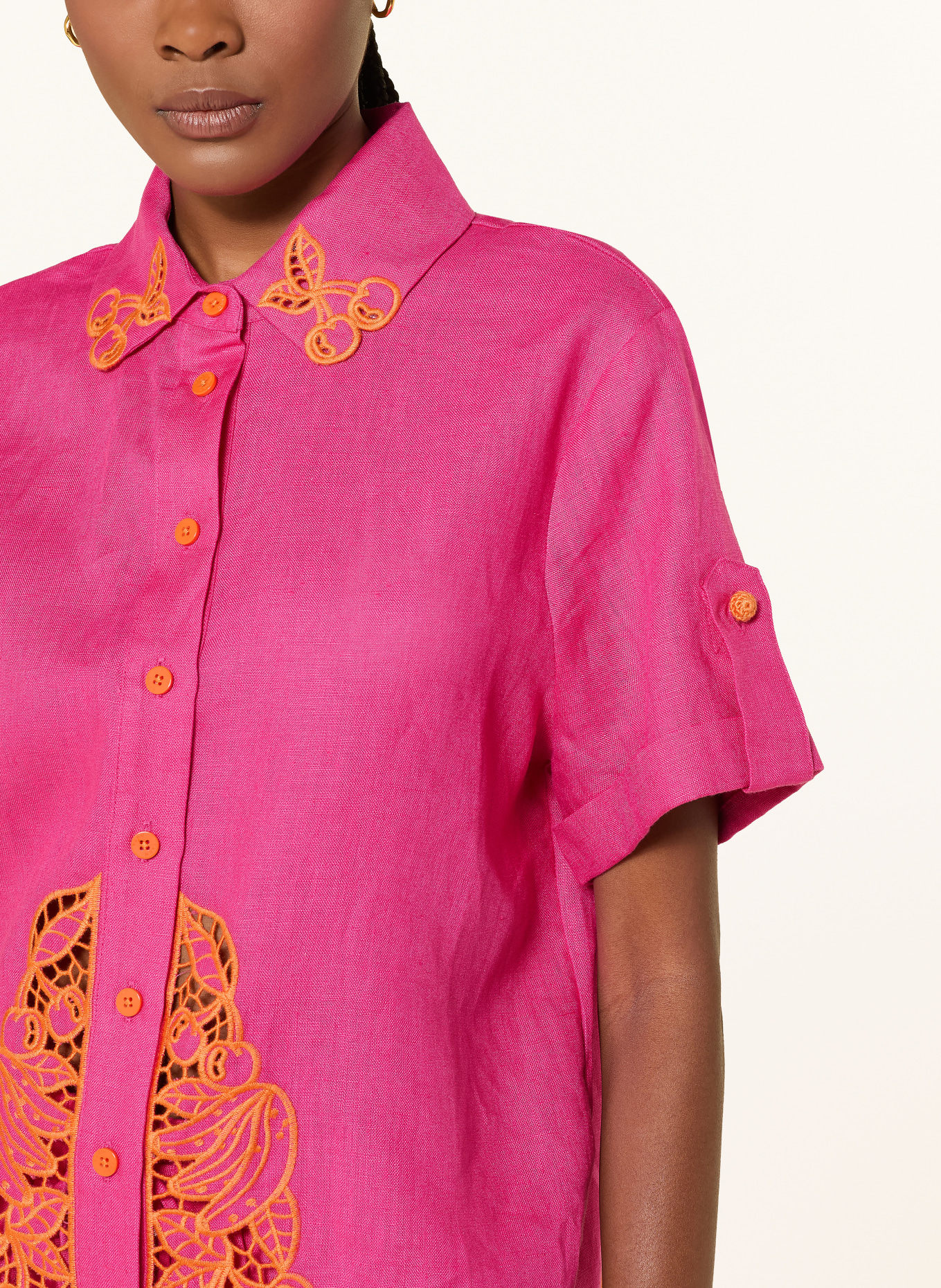 FARM RIO Linnen blouse met opengewerkt kant: ROZE / ORANJE