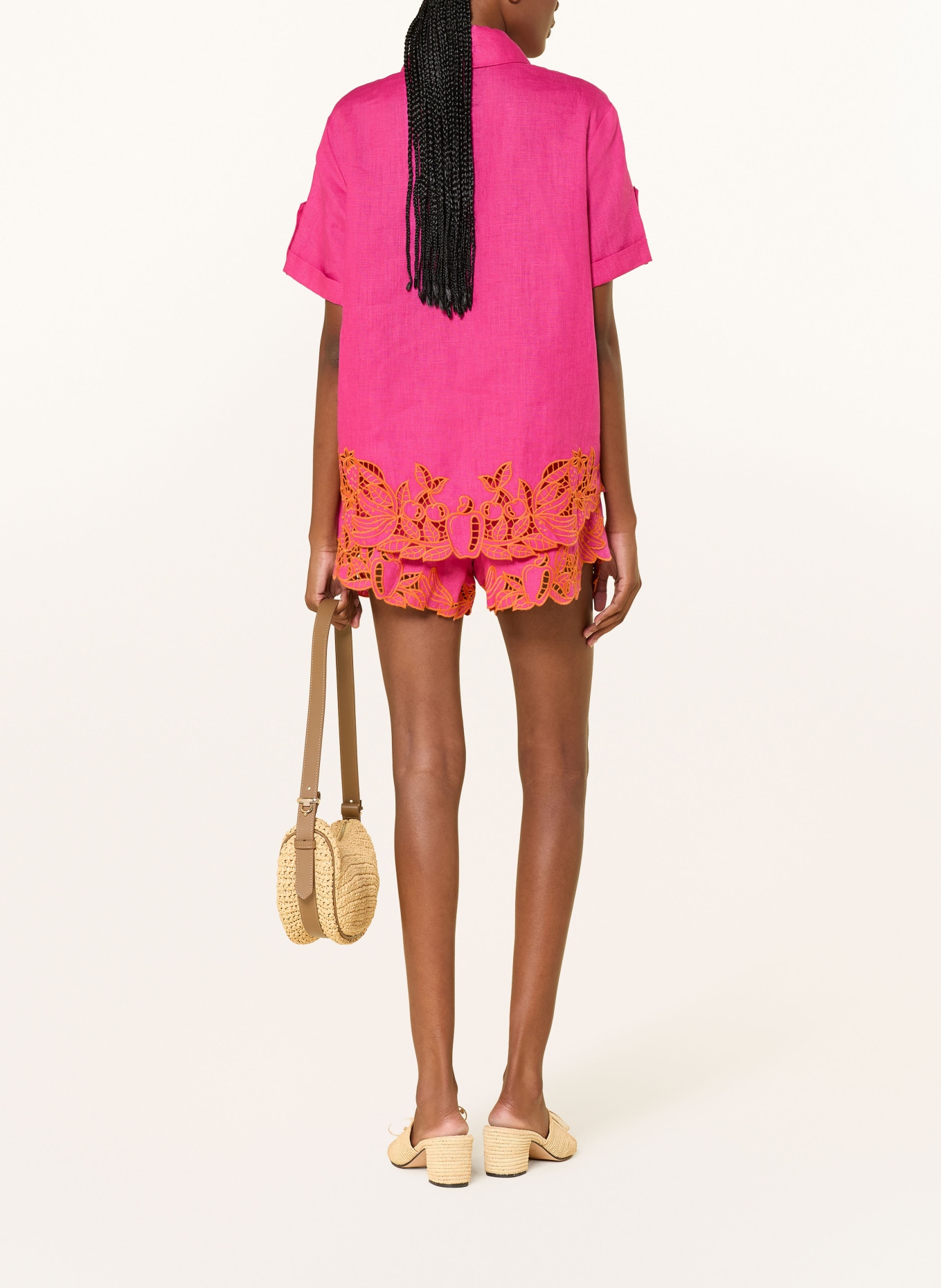 FARM RIO Leinenshorts FRUIT RICHILIUER ARTISANAL mit Lochspitze: PINK / ORANGE