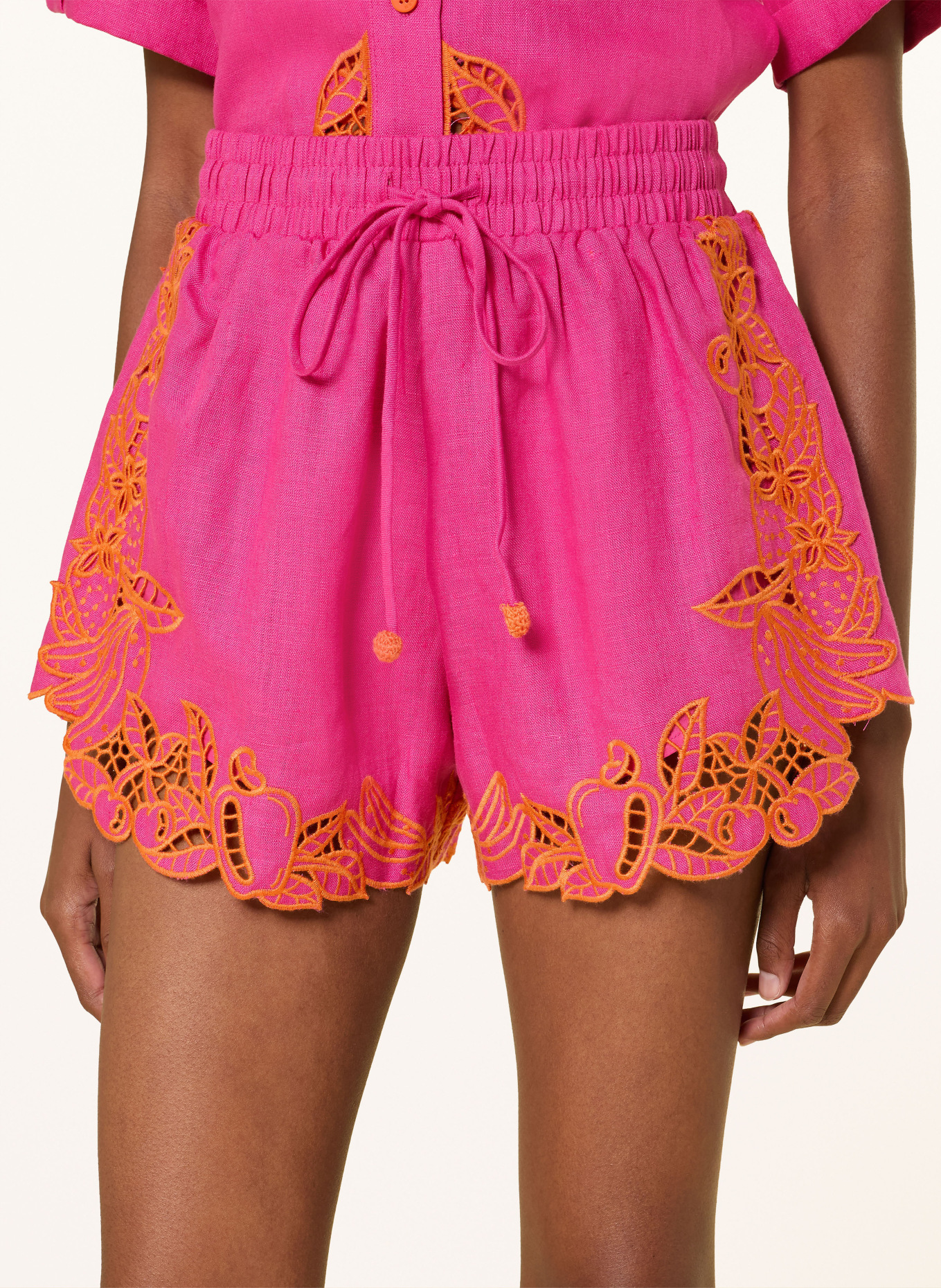 FARM RIO Leinenshorts FRUIT RICHILIUER ARTISANAL mit Lochspitze: PINK / ORANGE