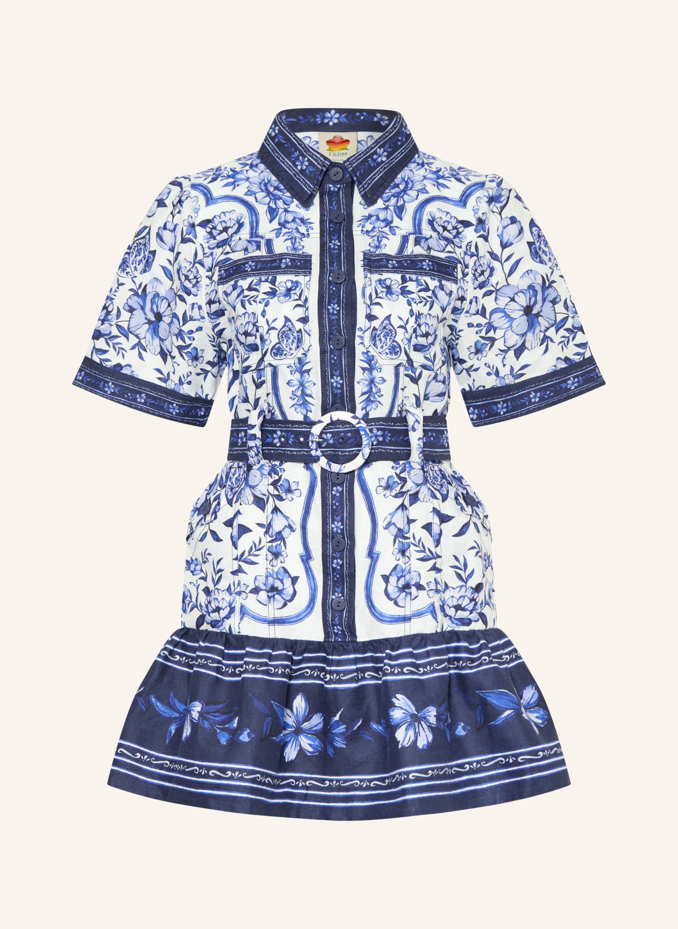 FARM RIO Košilové šaty PORCELAIN GARDEN z lnu: TMAVĚ MODRÁ / MODRÁ / BÍLÁ