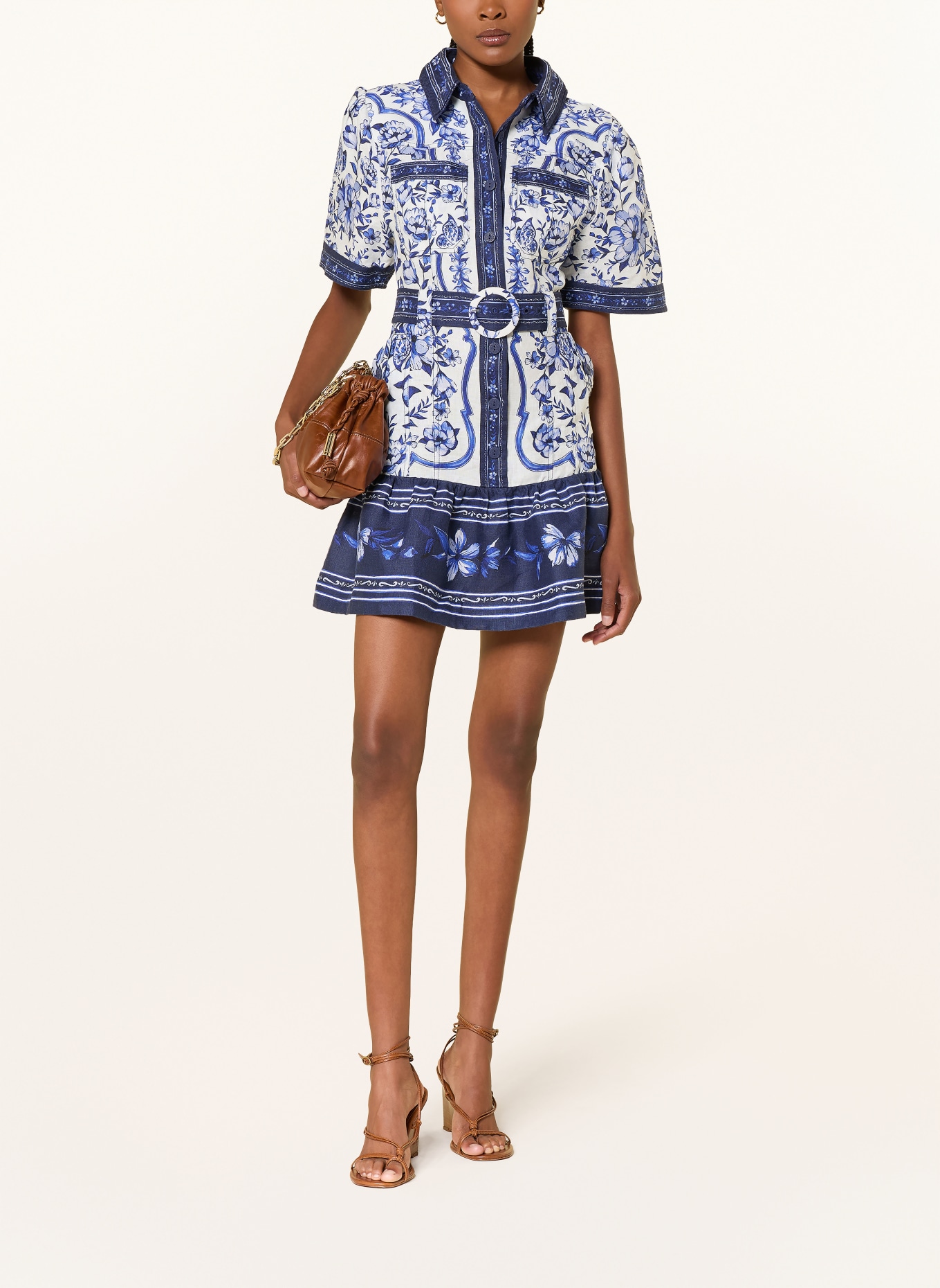 FARM RIO Košilové šaty PORCELAIN GARDEN z lnu: TMAVĚ MODRÁ / MODRÁ / BÍLÁ