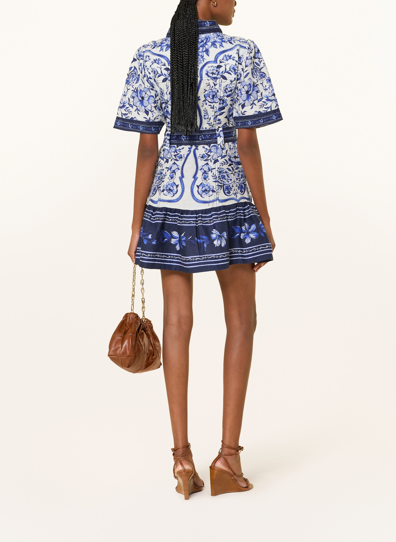 FARM RIO Košilové šaty PORCELAIN GARDEN z lnu: TMAVĚ MODRÁ / MODRÁ / BÍLÁ