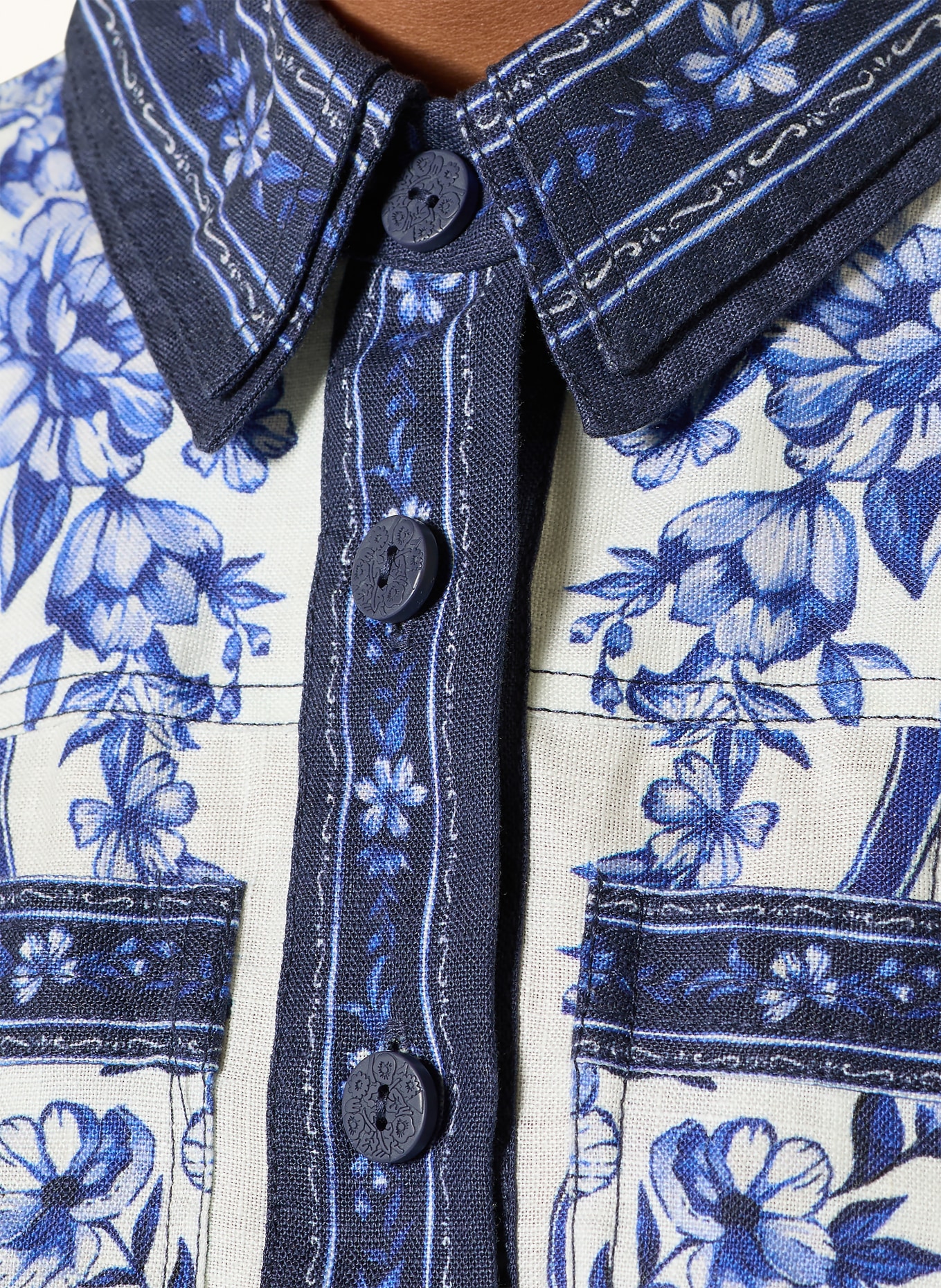 FARM RIO Košilové šaty PORCELAIN GARDEN z lnu: TMAVĚ MODRÁ / MODRÁ / BÍLÁ