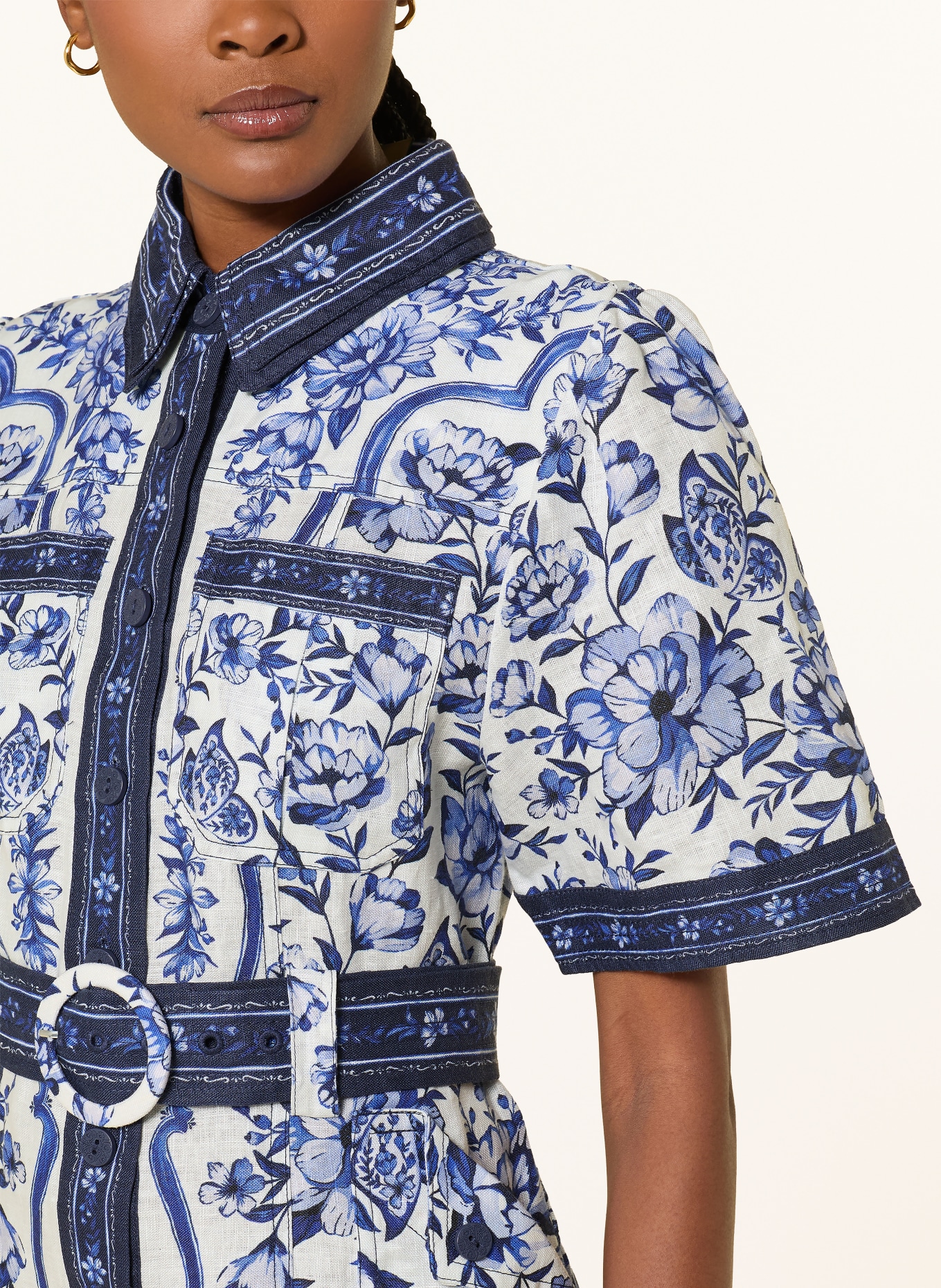 FARM RIO Košilové šaty PORCELAIN GARDEN z lnu: TMAVĚ MODRÁ / MODRÁ / BÍLÁ