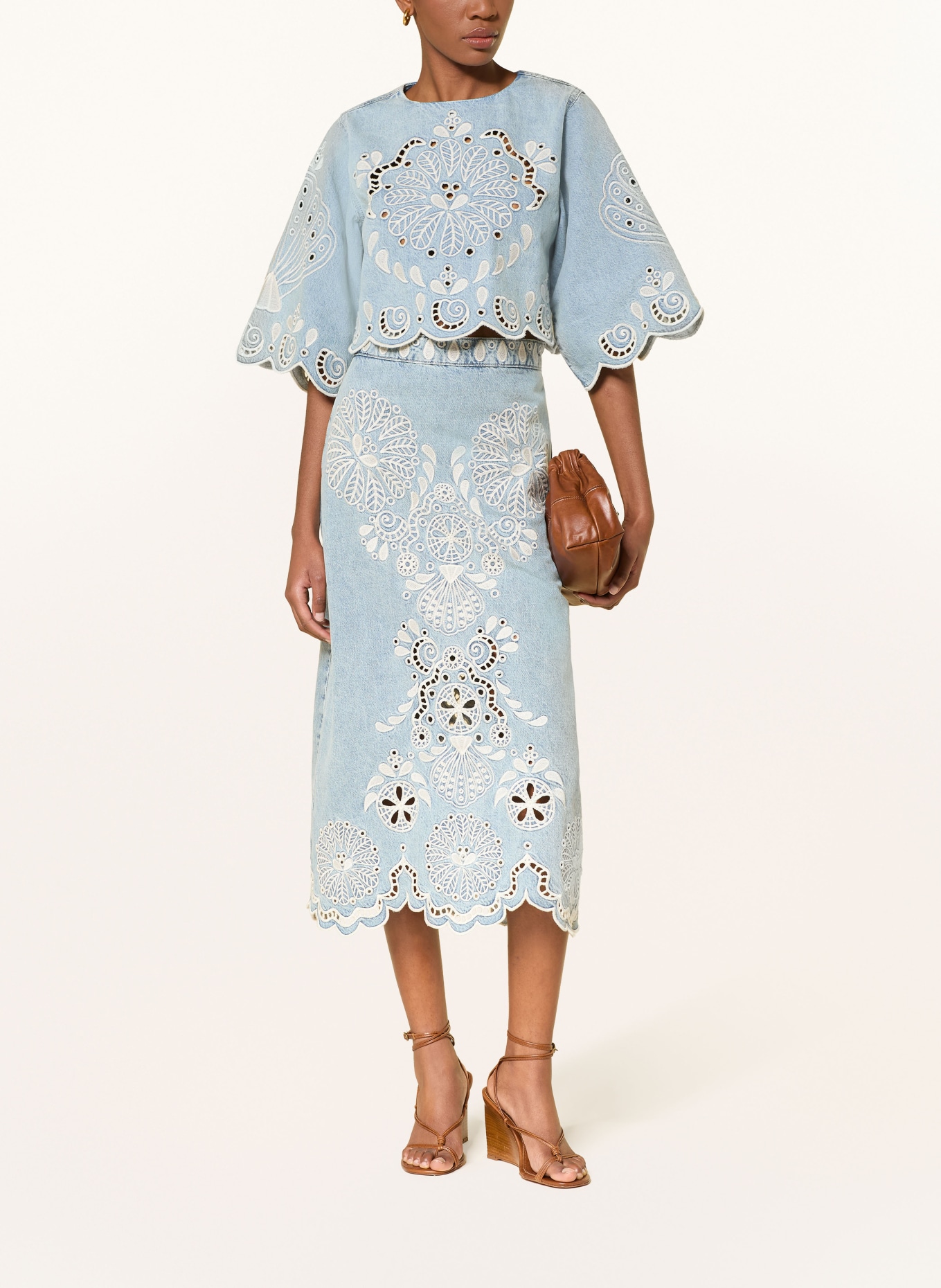 FARM RIO Cropped denim blouse with openwork lace and 3/4 sleeves: LIGHT BLUE / WHITE