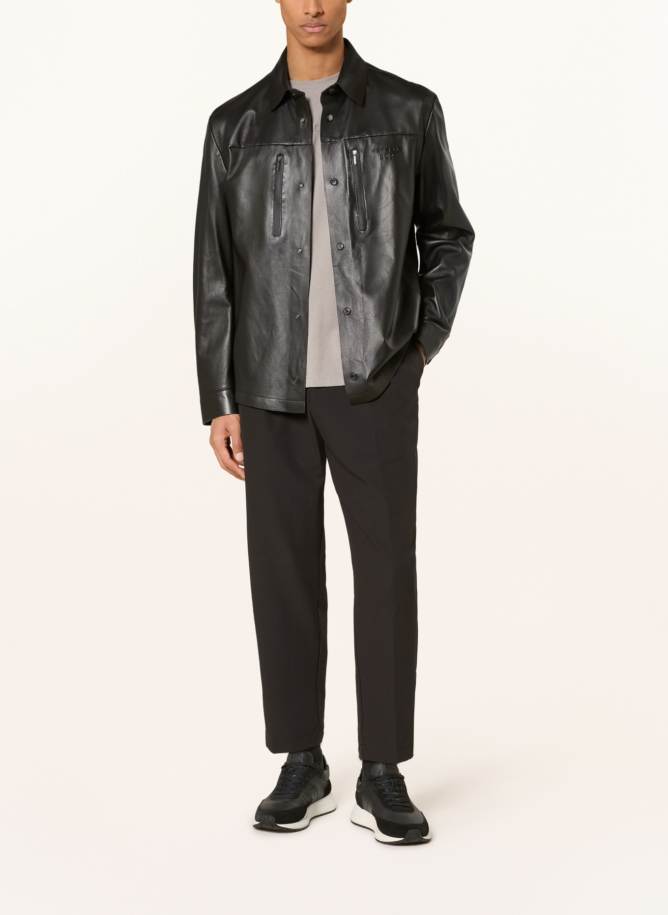 BOSS Leather jacket: BLACK