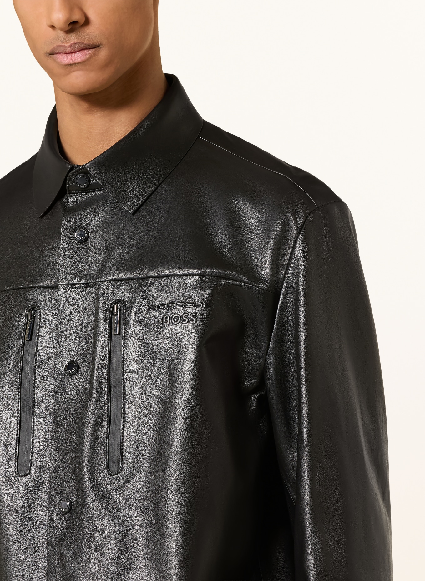 BOSS Leather jacket: BLACK