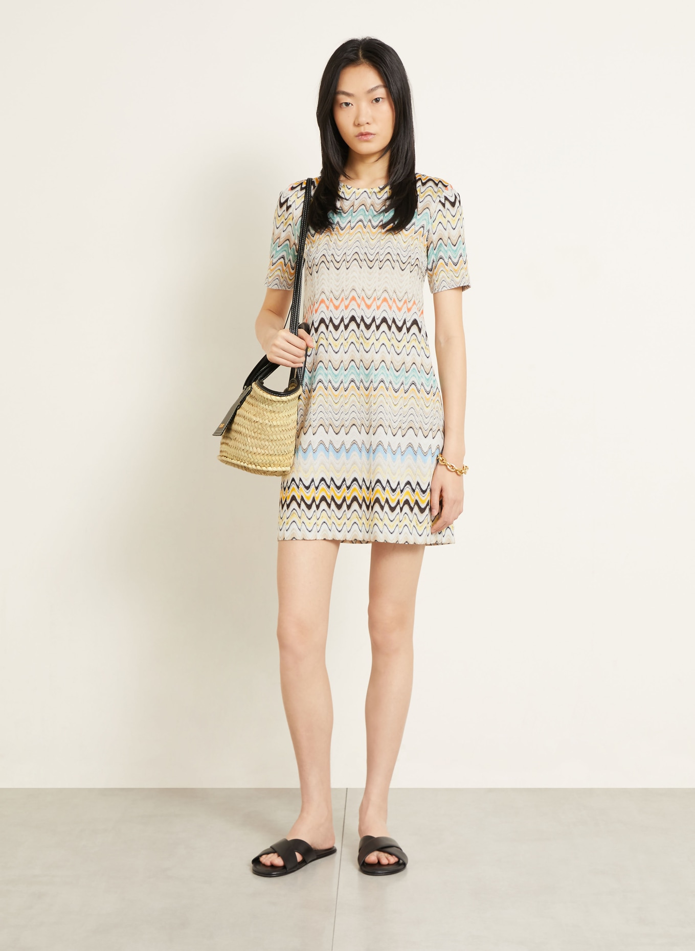 MISSONI Strickkleid: BEIGE / PETROL / SCHWARZ