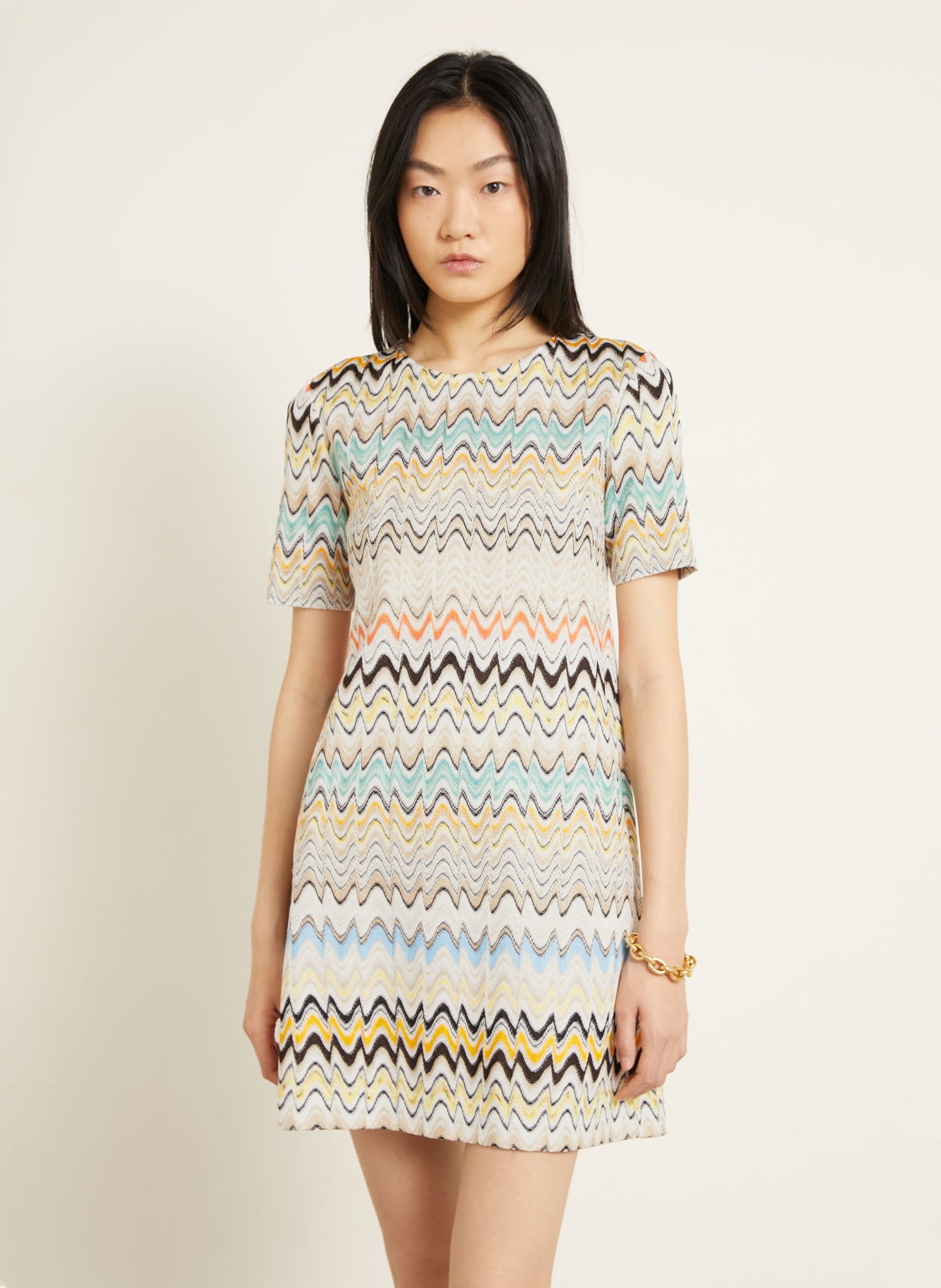 MISSONI Strickkleid: BEIGE / PETROL / SCHWARZ