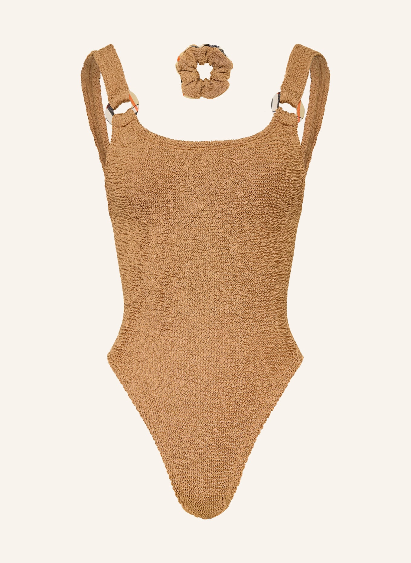 BURBERRY Set DOMINO: Badeanzug und Haargummi: BEIGE / ROT / SCHWARZ
