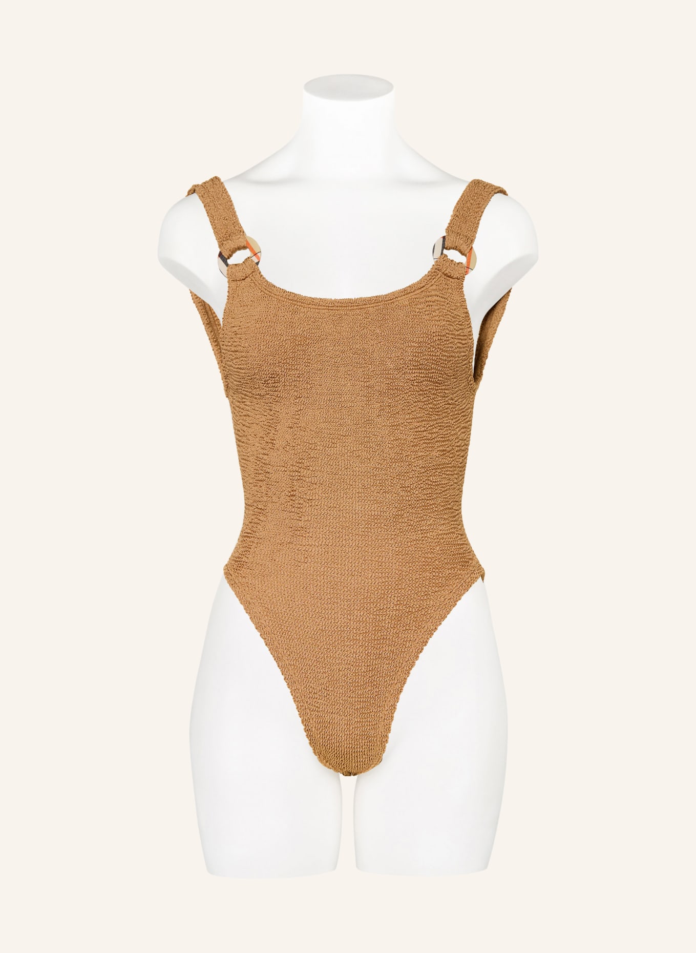 BURBERRY Set DOMINO: Badeanzug und Haargummi: BEIGE / ROT / SCHWARZ