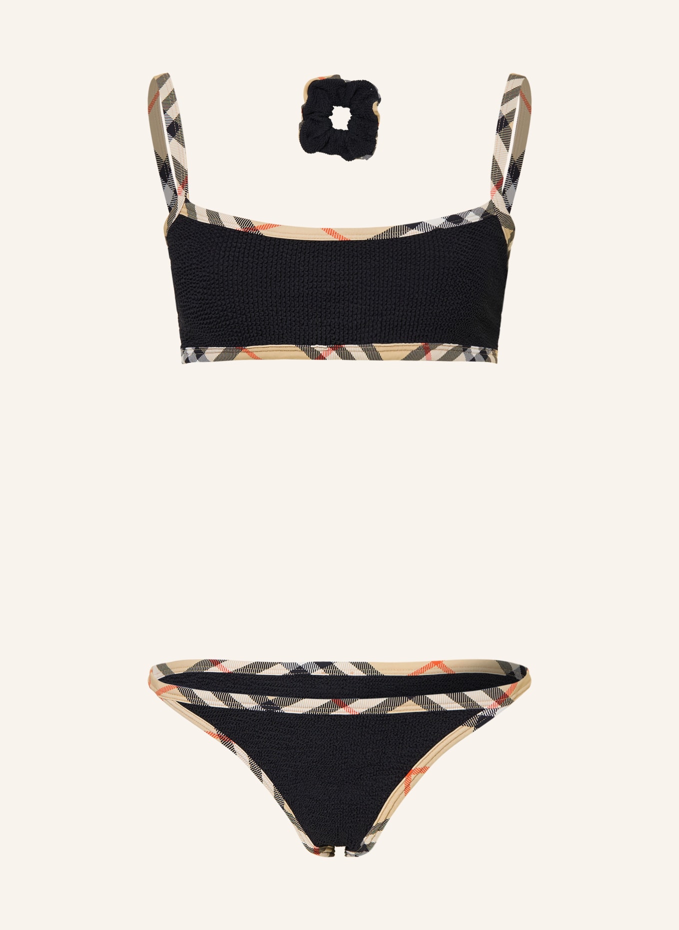 BURBERRY Set TYLER: Bustier-Bikini und Haargummi: SCHWARZ / BEIGE / ROT