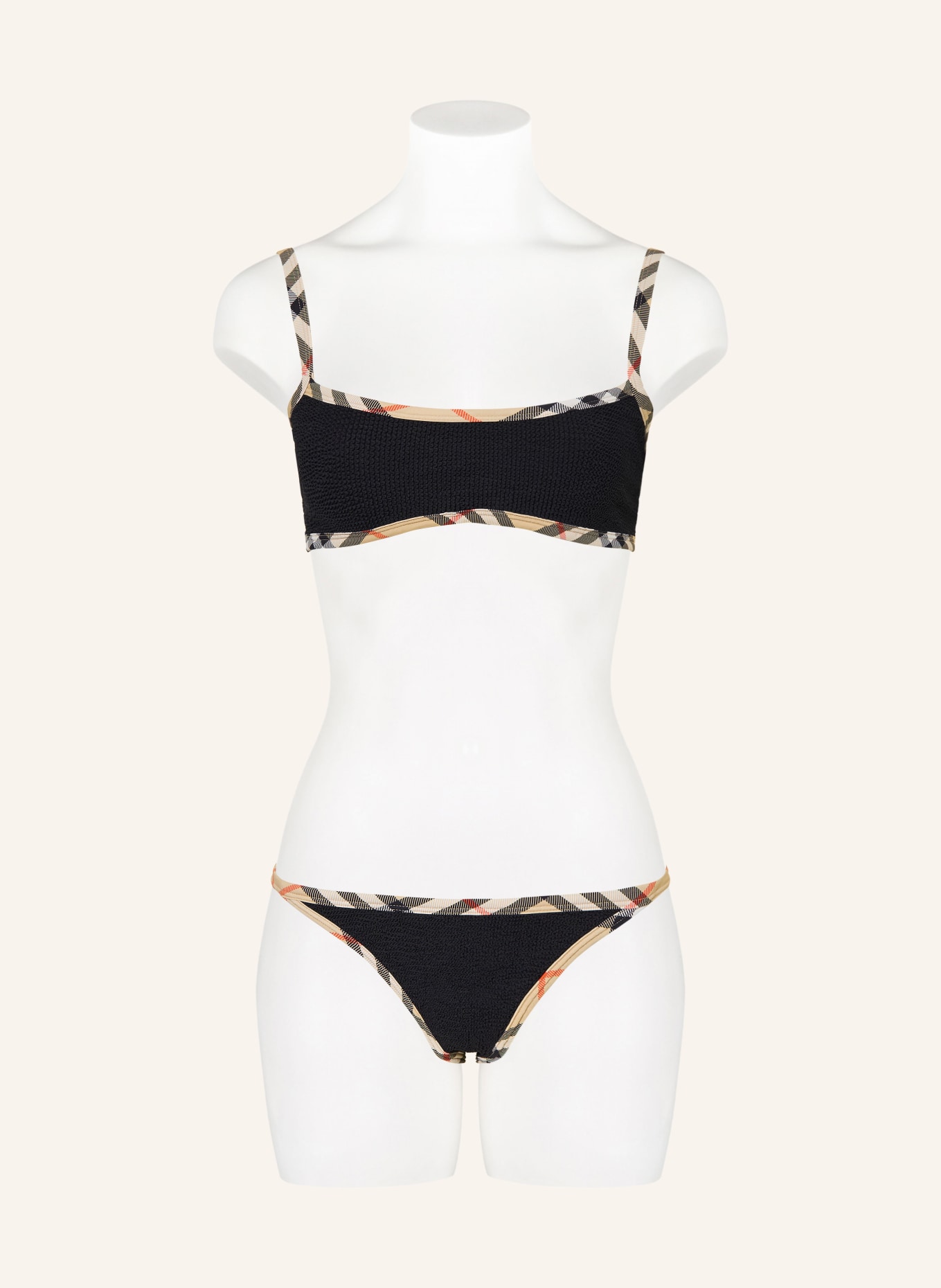 BURBERRY Set TYLER: Bustier-Bikini und Haargummi: SCHWARZ / BEIGE / ROT