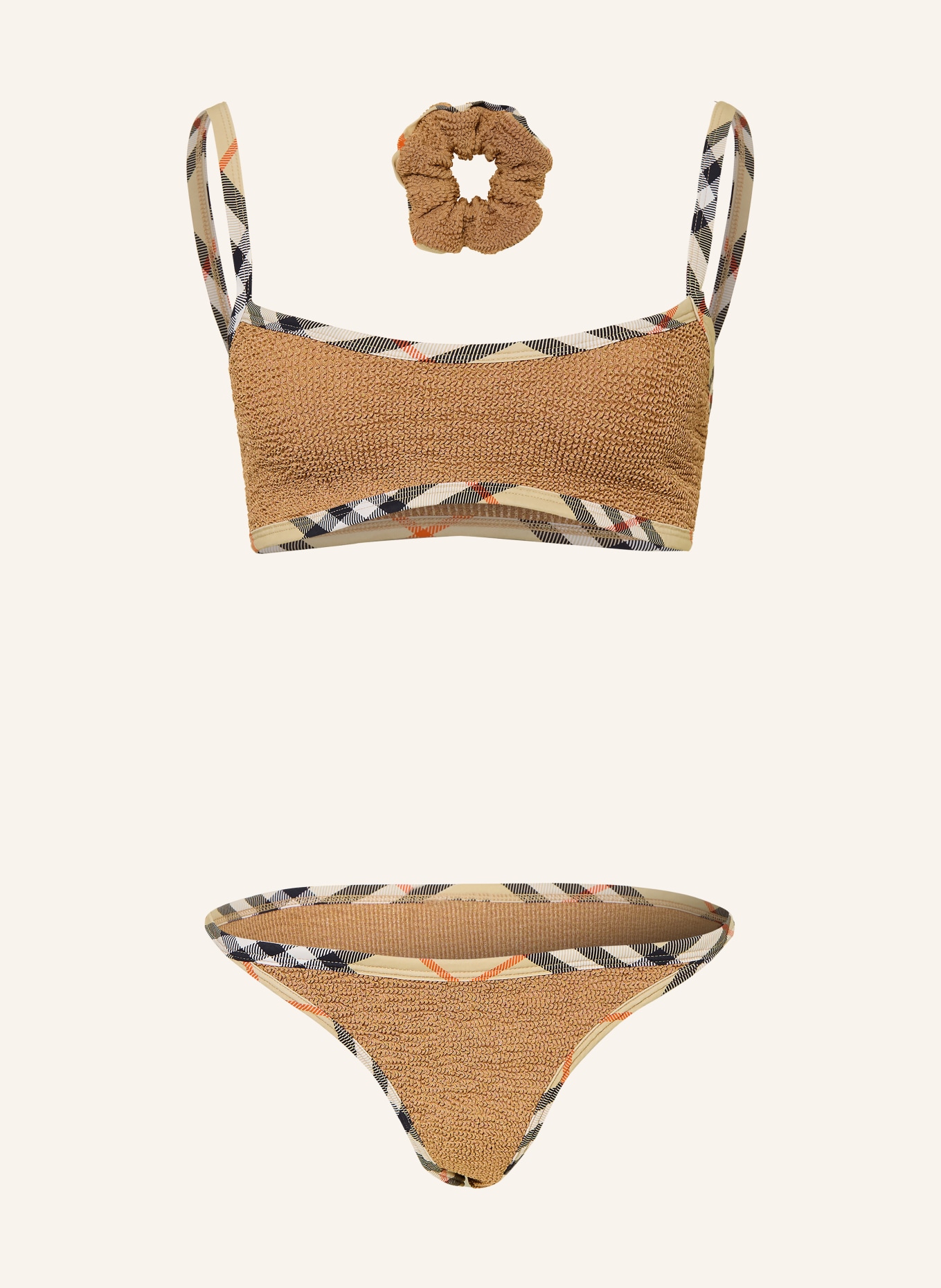 BURBERRY Set TYLER: Bustier-Bikini und Haargummi: BEIGE / ROT / SCHWARZ