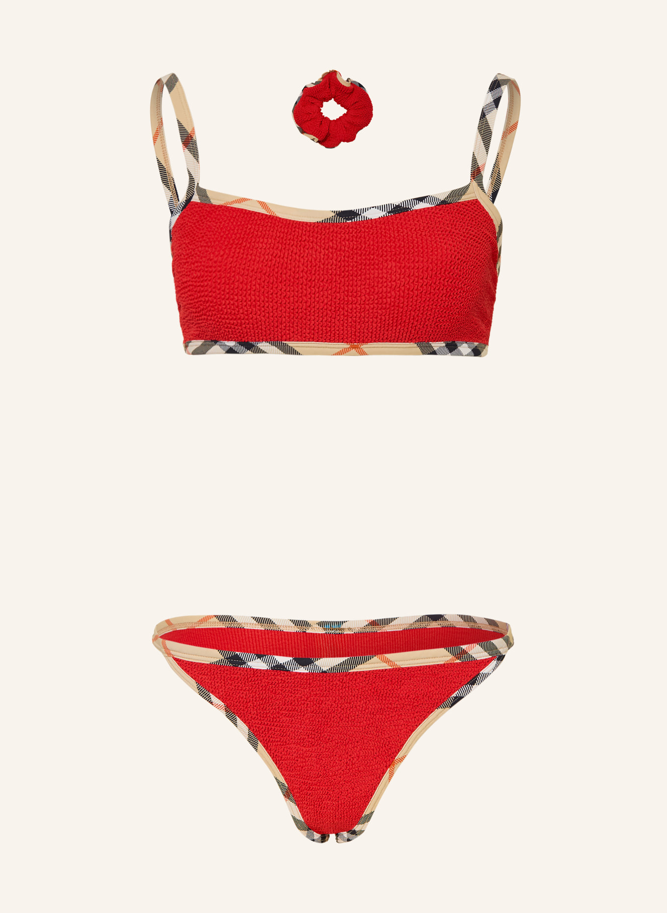 BURBERRY Set TYLER: Bustier-Bikini und Haargummi: ROT / BEIGE / SCHWARZ