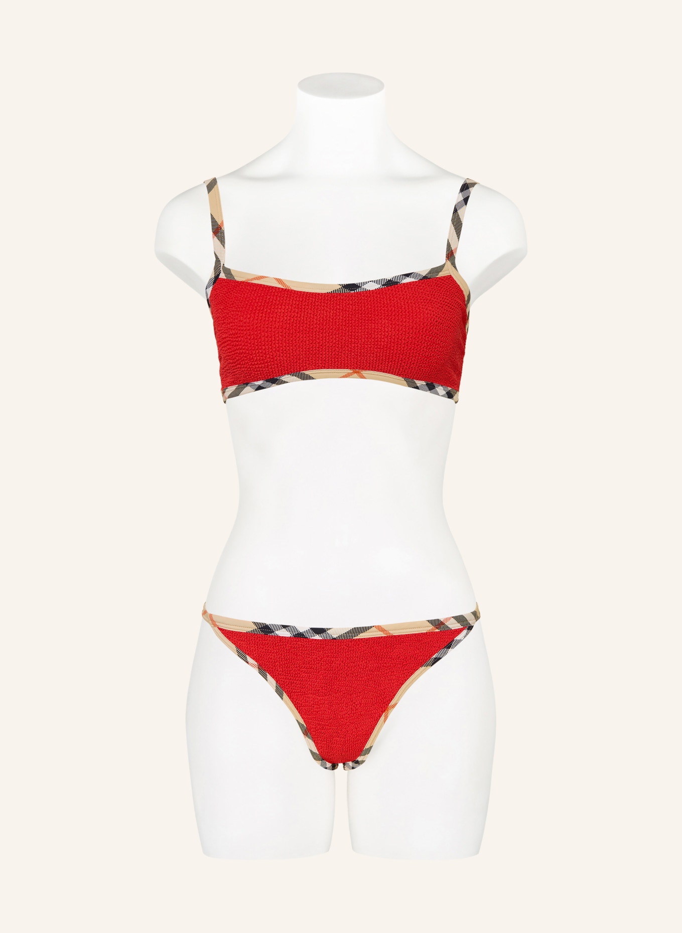 BURBERRY Set TYLER: Bustier-Bikini und Haargummi: ROT / BEIGE / SCHWARZ