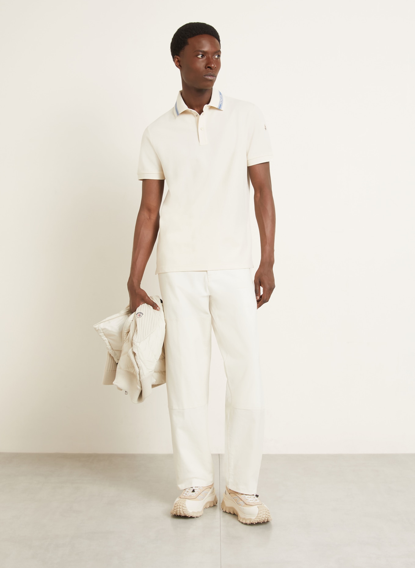 MONCLER Piqué Polo Shirt: CREAM / LIGHT BLUE