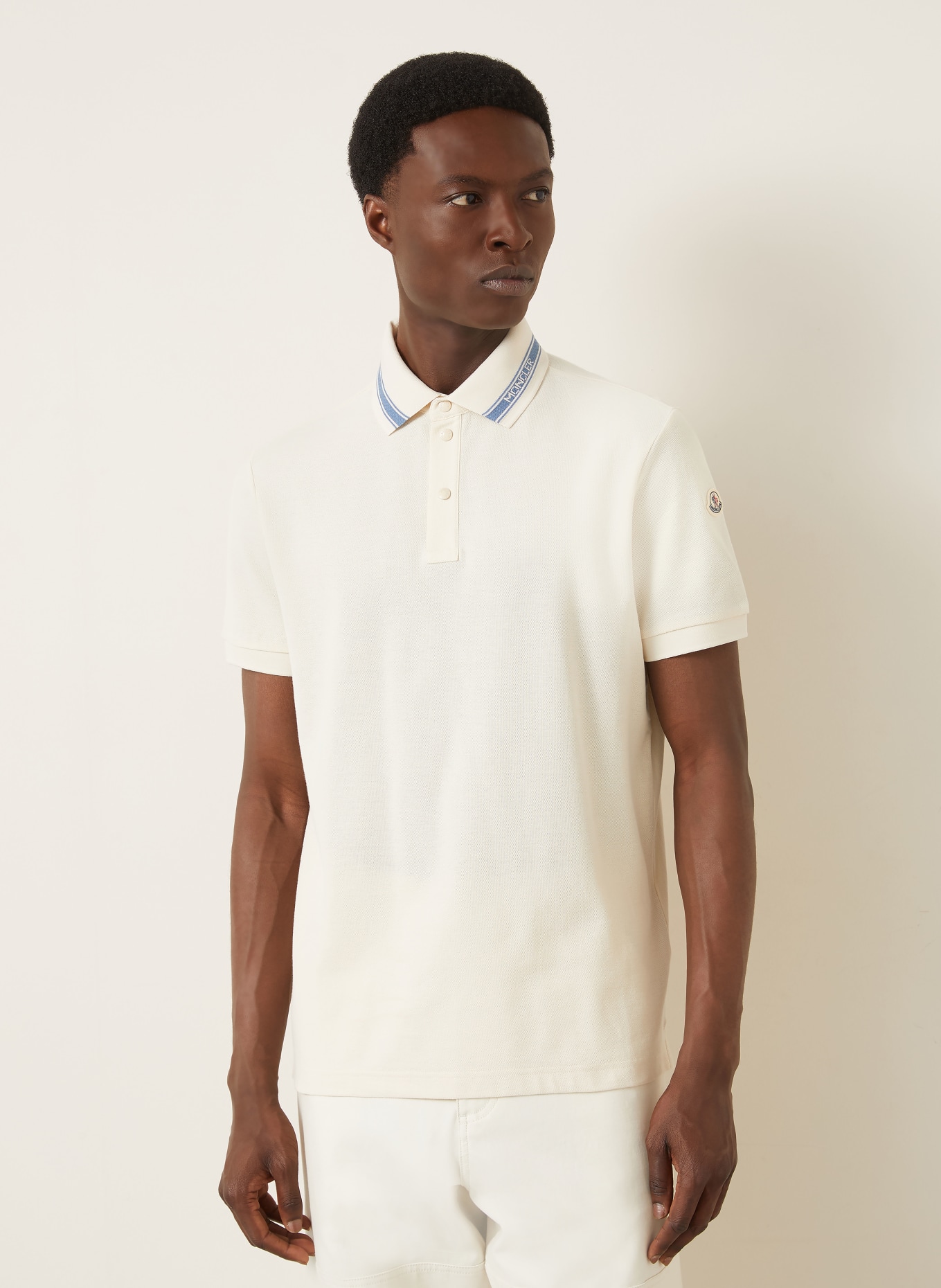MONCLER Piqué Polo Shirt: CREAM / LIGHT BLUE