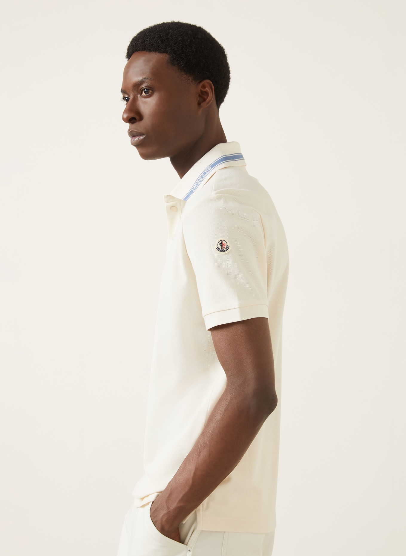MONCLER Piqué Polo Shirt: CREAM / LIGHT BLUE