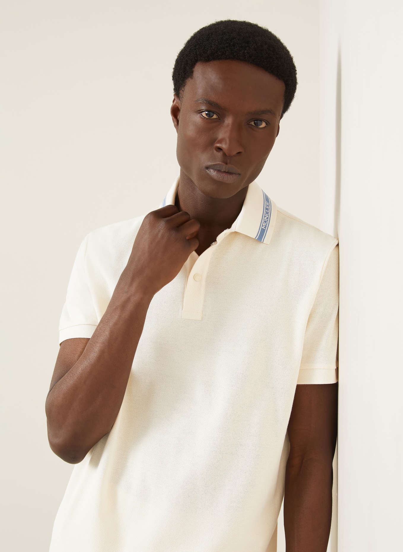 MONCLER Piqué Polo Shirt: CREAM / LIGHT BLUE