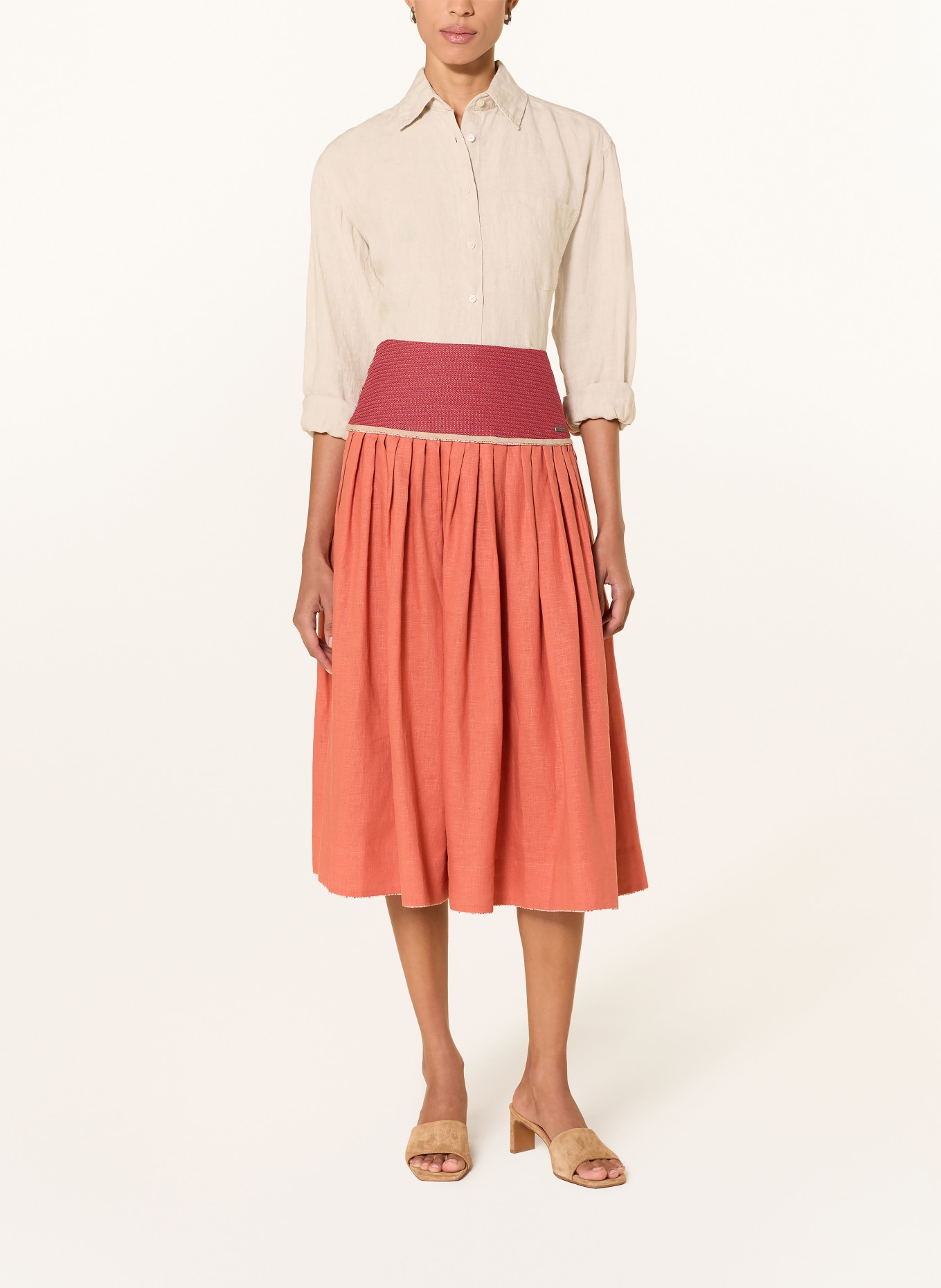 ROCKMACHERIN Spódnica w stylu ludowym SONNABRAND z lnu: CIEMNOPOMARAŃCZOWY / CZERWONY