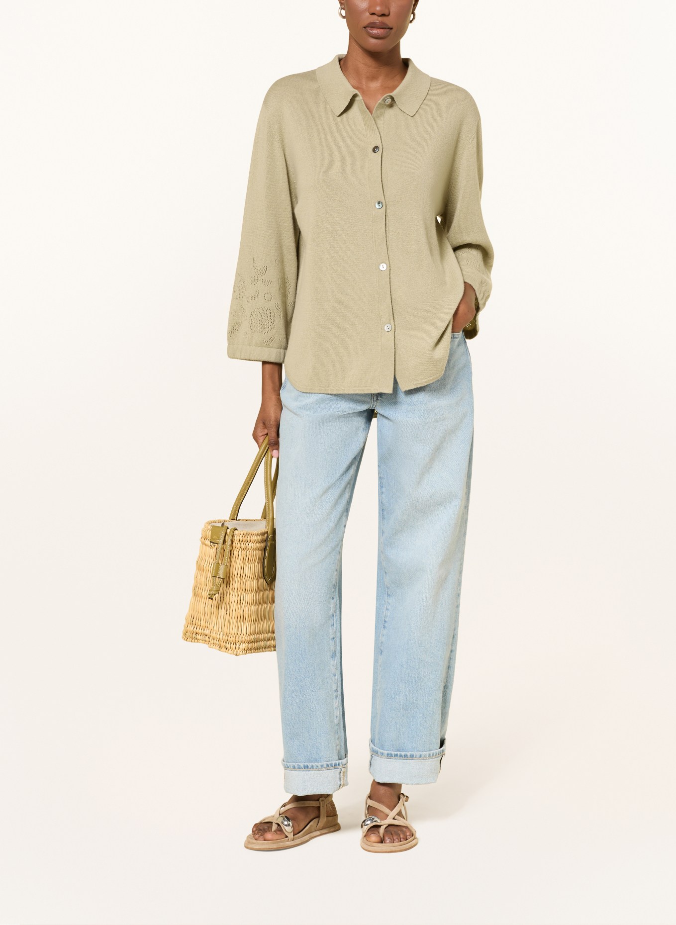 FTC CASHMERE Cashmere cardigan with 3/4-length sleeves: OLIVE