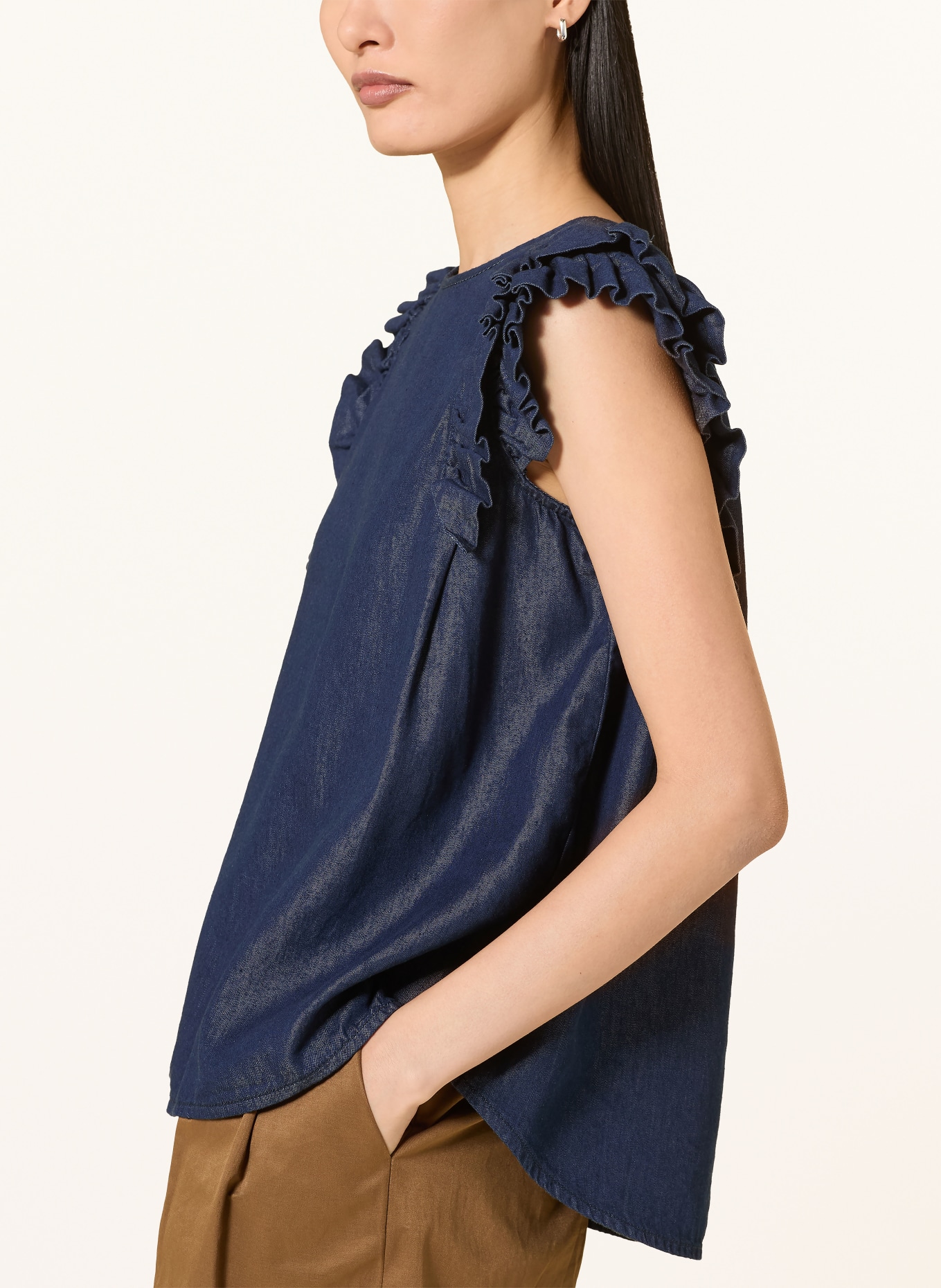 MORE & MORE Denim top with ruffles: DARK BLUE