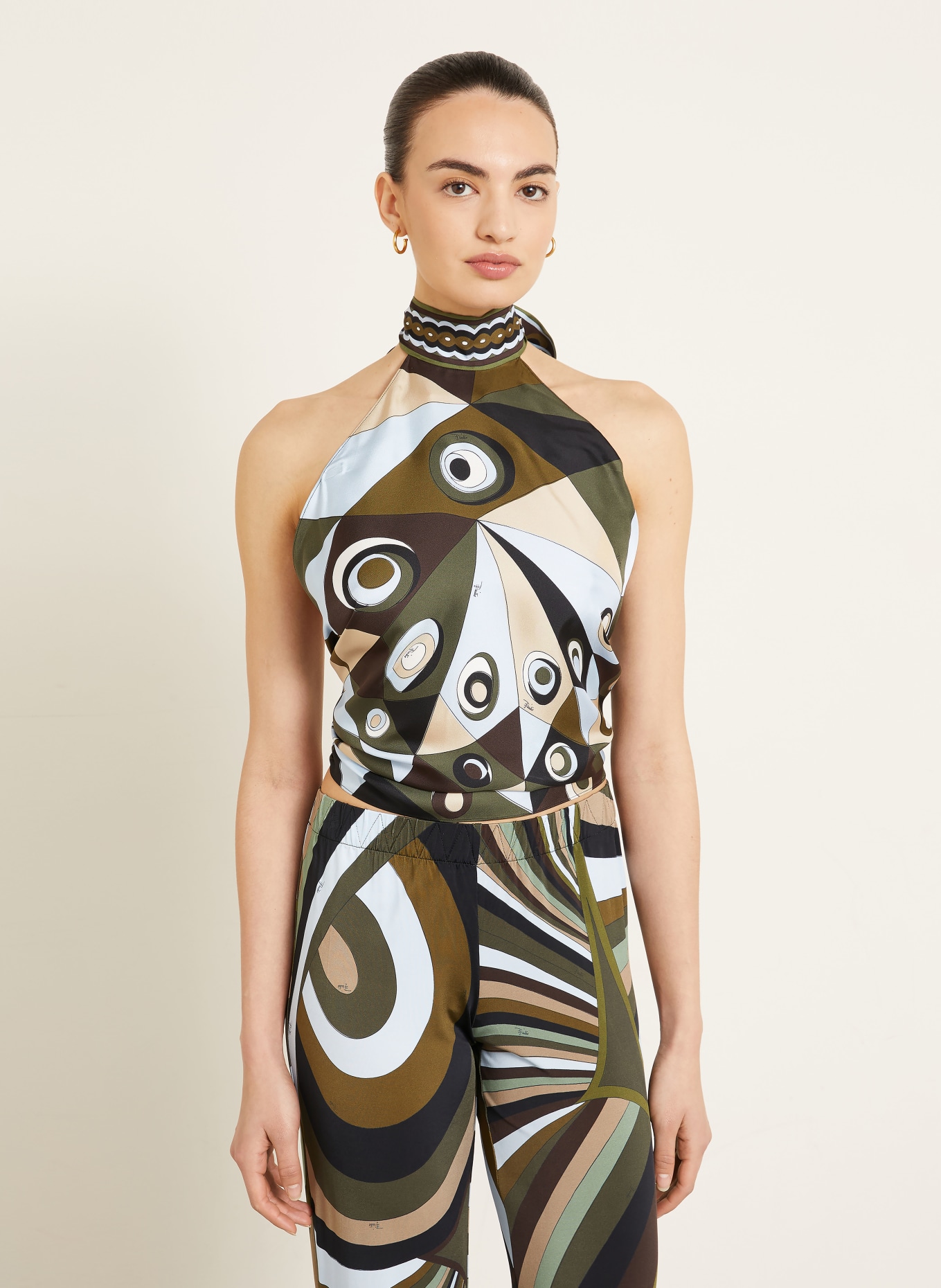 PUCCI Silk top: OLIVE / CREAM / LIGHT BLUE