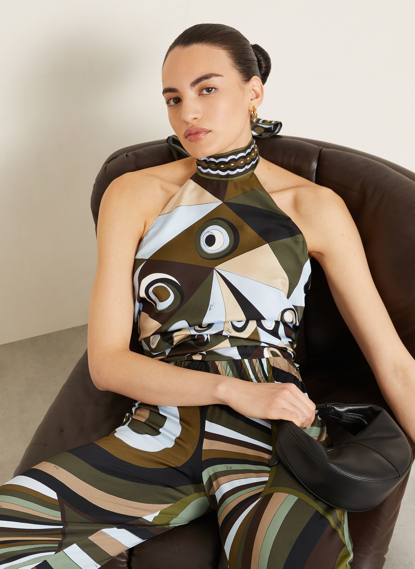 PUCCI Silk top: OLIVE / CREAM / LIGHT BLUE