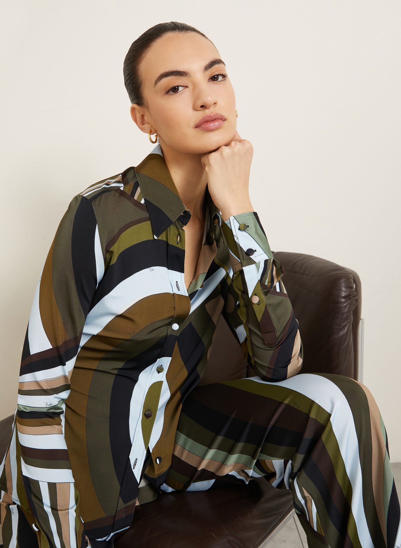 PUCCI Hemdbluse aus Jersey: OLIV / HELLBRAUN / HELLBLAU