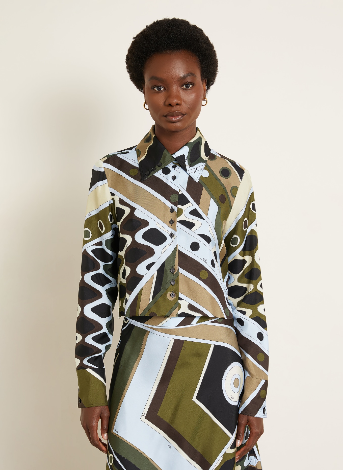 PUCCI Hemdbluse aus Seide: OLIV / HELLBRAUN / HELLBLAU