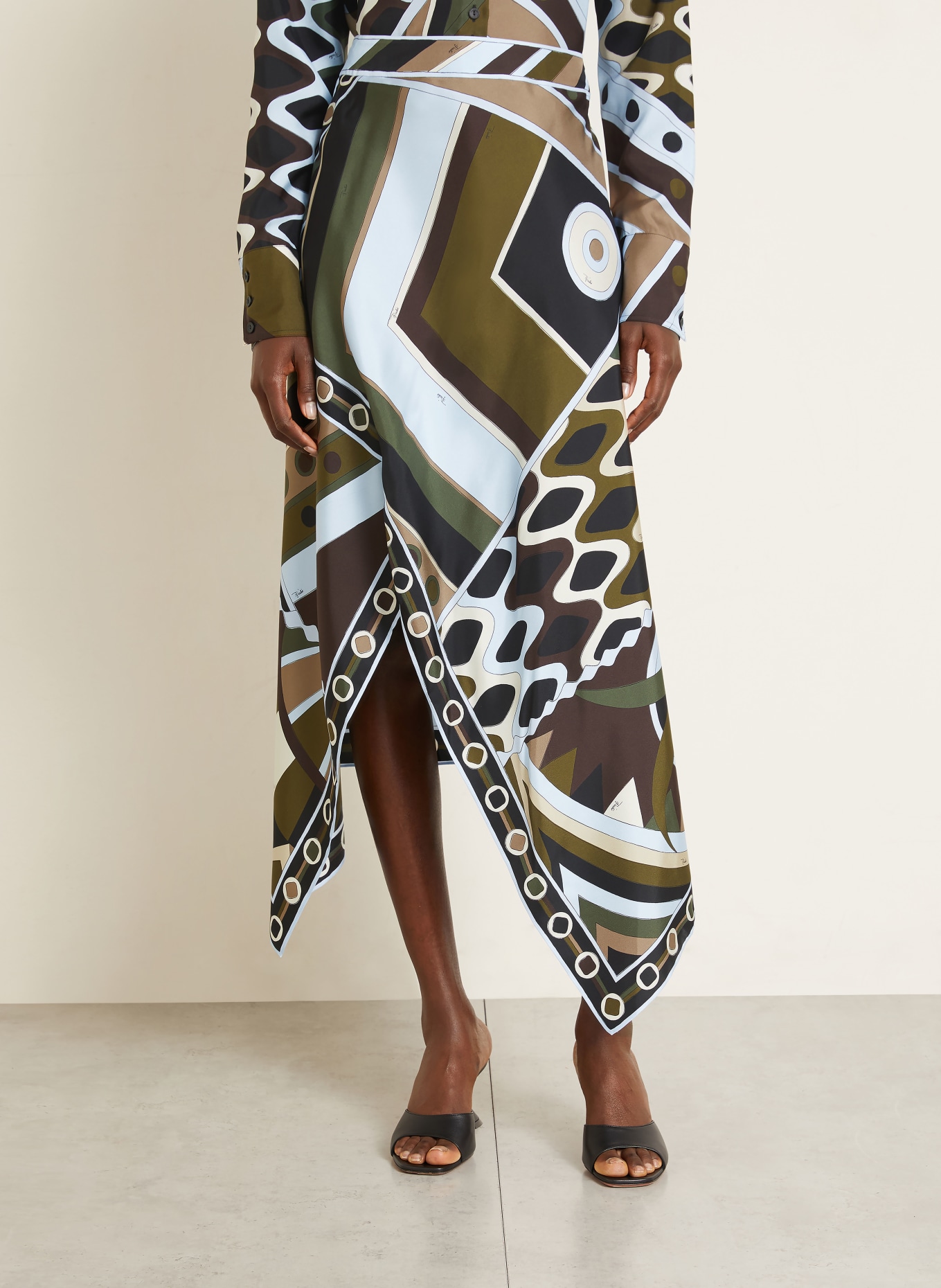 PUCCI silk skirt: KHAKI / DARK BROWN / LIGHT BLUE
